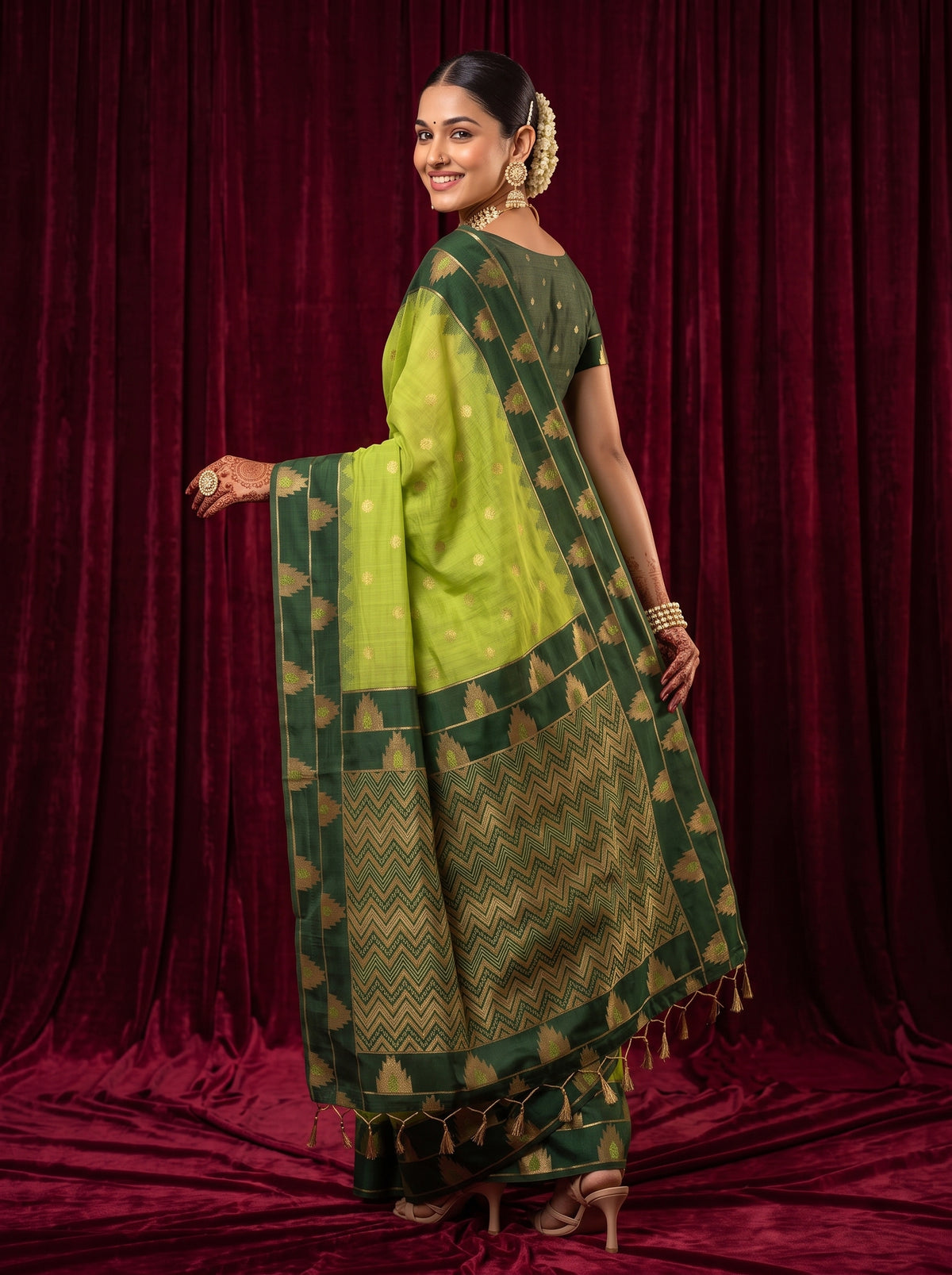 MIMOSA Parrot Green Banarasi Saree — pose 7 styling detail