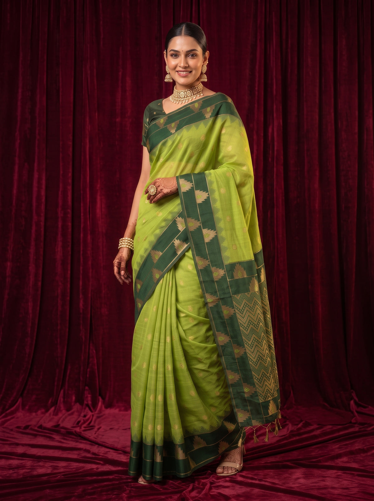 MIMOSA Parrot Green Banarasi Saree — pose 9 styling detail