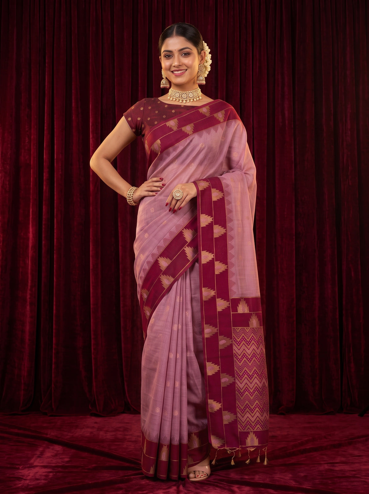 MIMOSA Pink Banarasi Saree — pose 4 styling detail