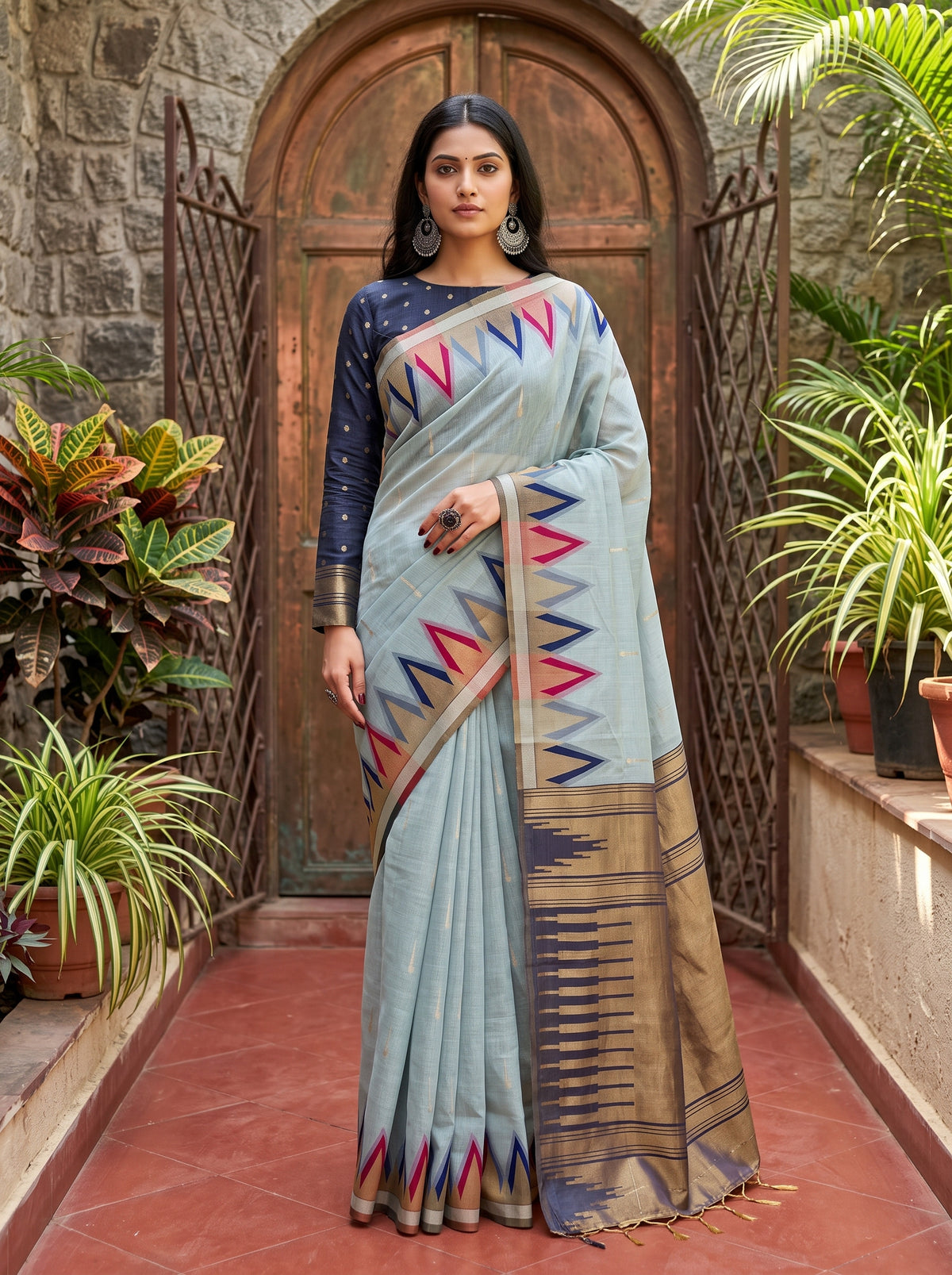 MIMOSA Grey Banarasi Saree — front view on mannequin