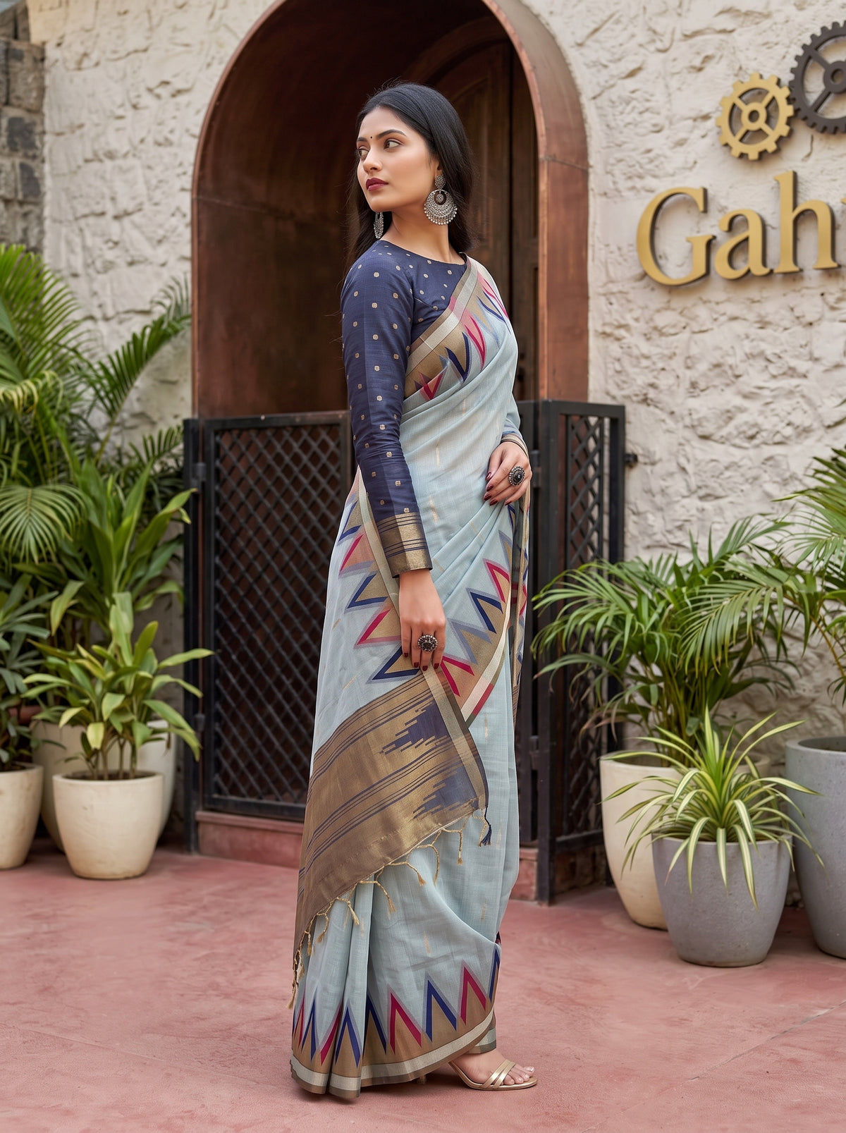 MIMOSA Grey Banarasi Saree — pose 3 styling detail