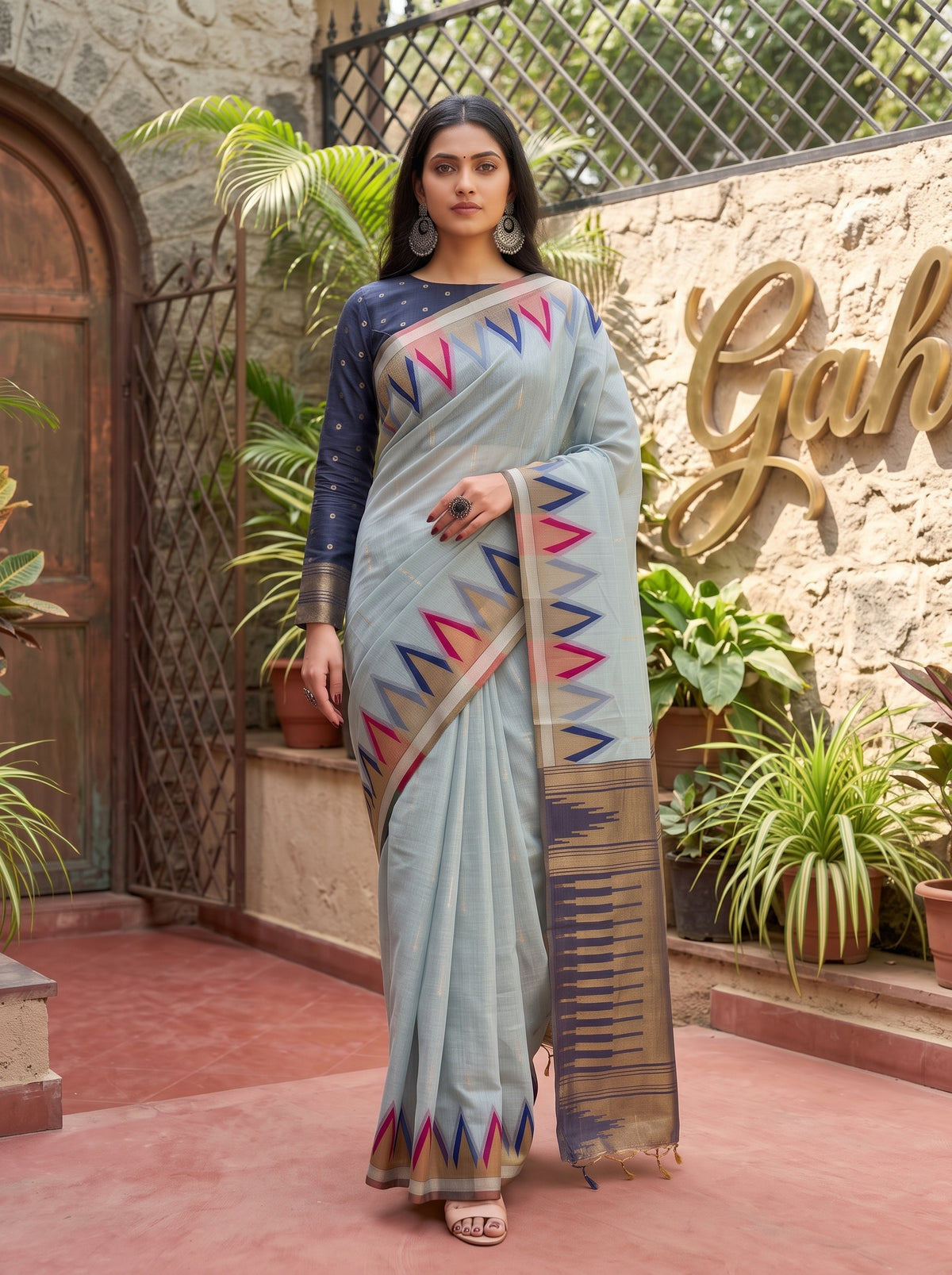 MIMOSA Grey Banarasi Saree — pose 6 styling detail