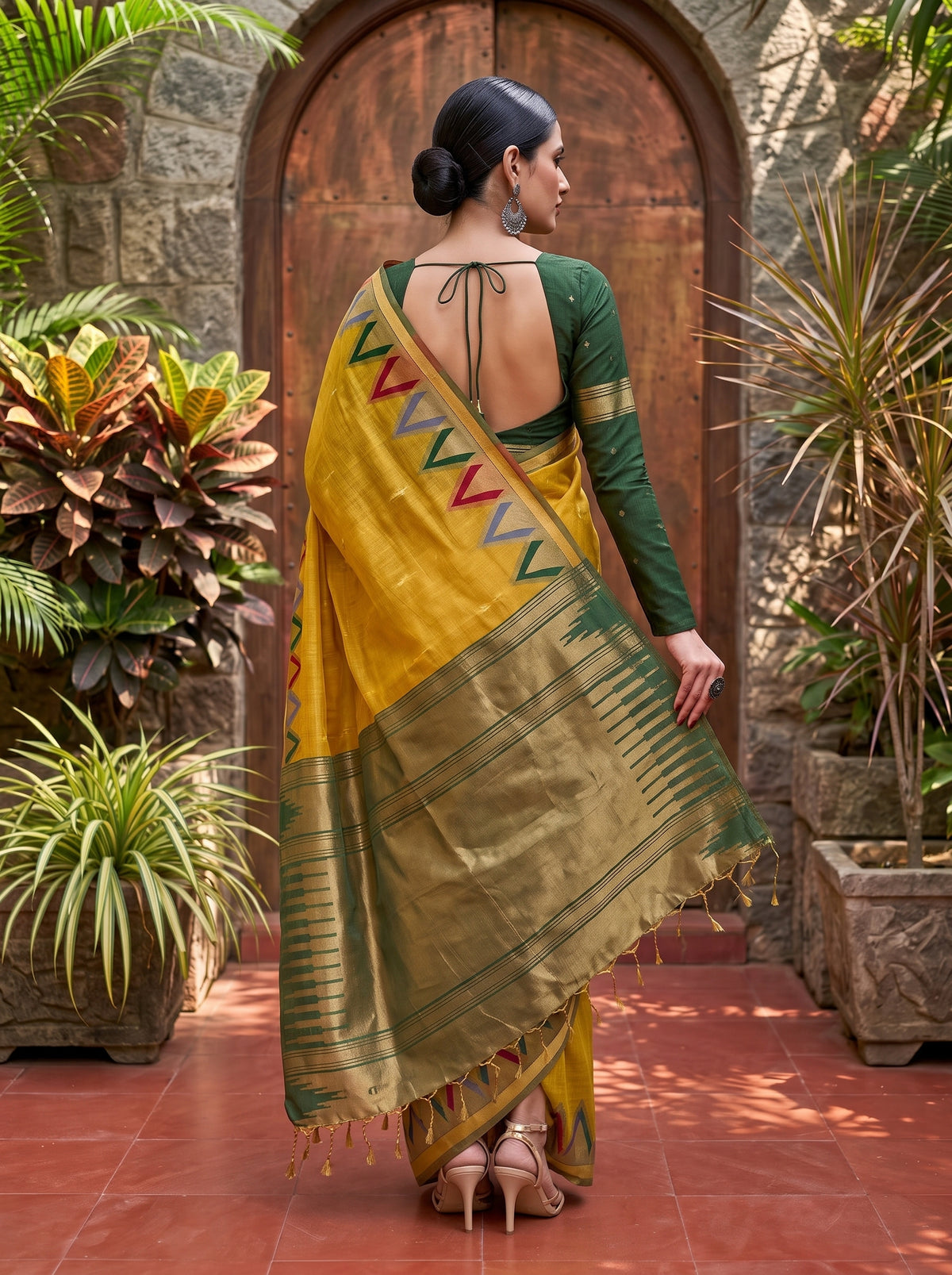 MIMOSA Mustard Banarasi Saree — pose 2 styling detail
