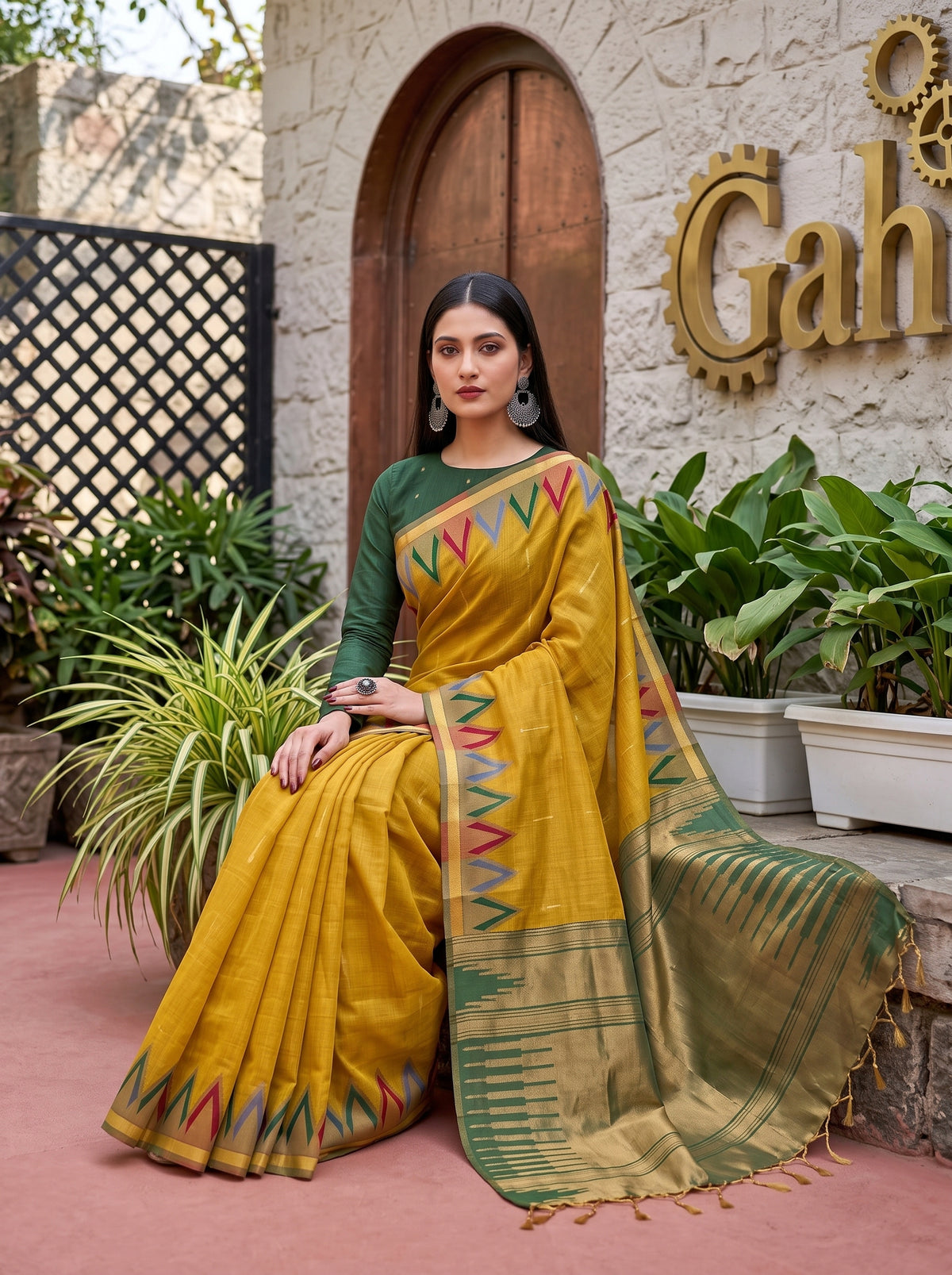 MIMOSA Mustard Banarasi Saree — pose 8 styling detail