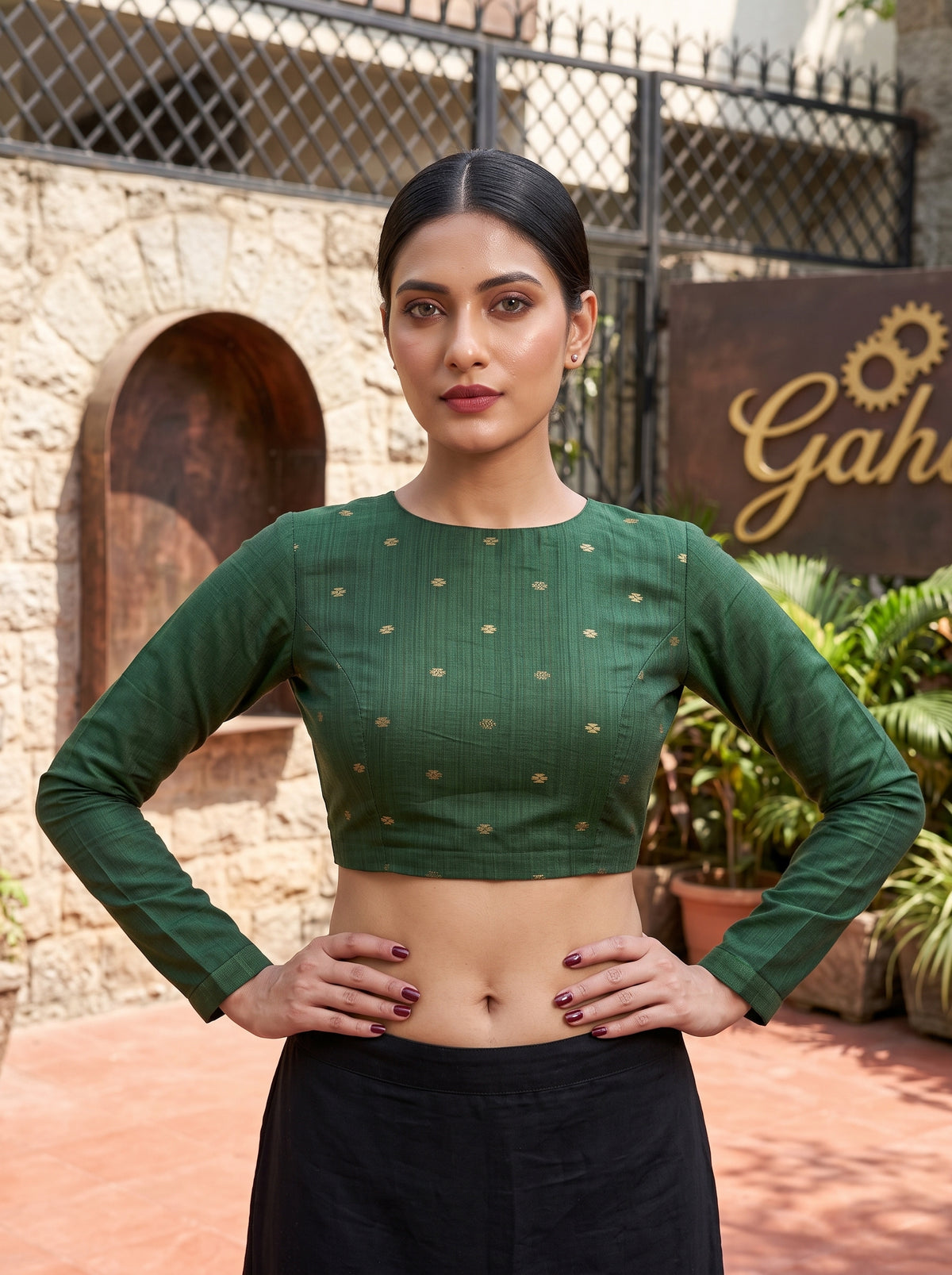MIMOSA Mustard Banarasi Saree — blouse close-up