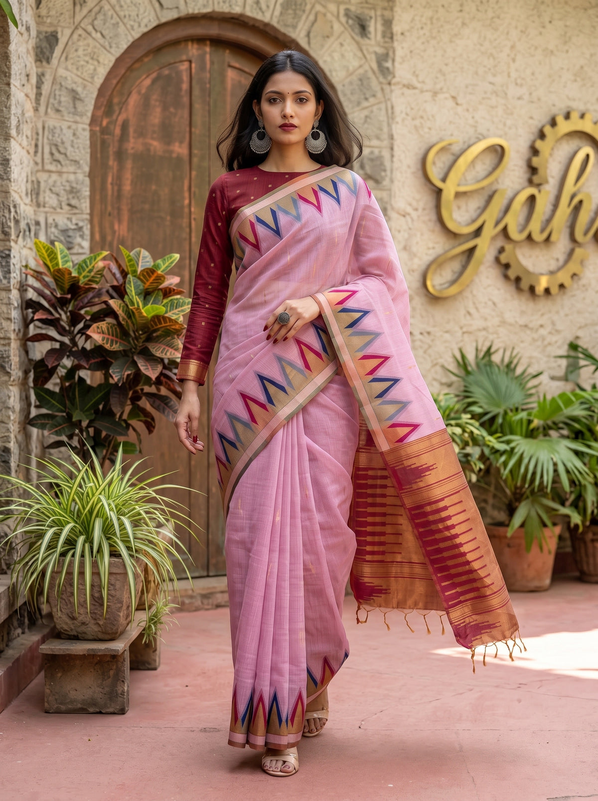 MIMOSA Pink Banarasi Saree — pose 6 styling detail