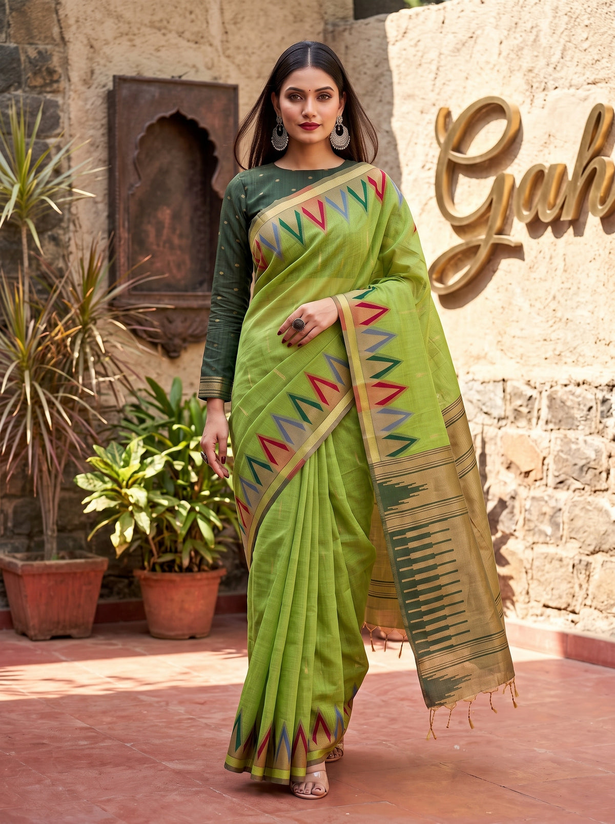 MIMOSA Pista Banarasi Saree — pose 6 styling detail
