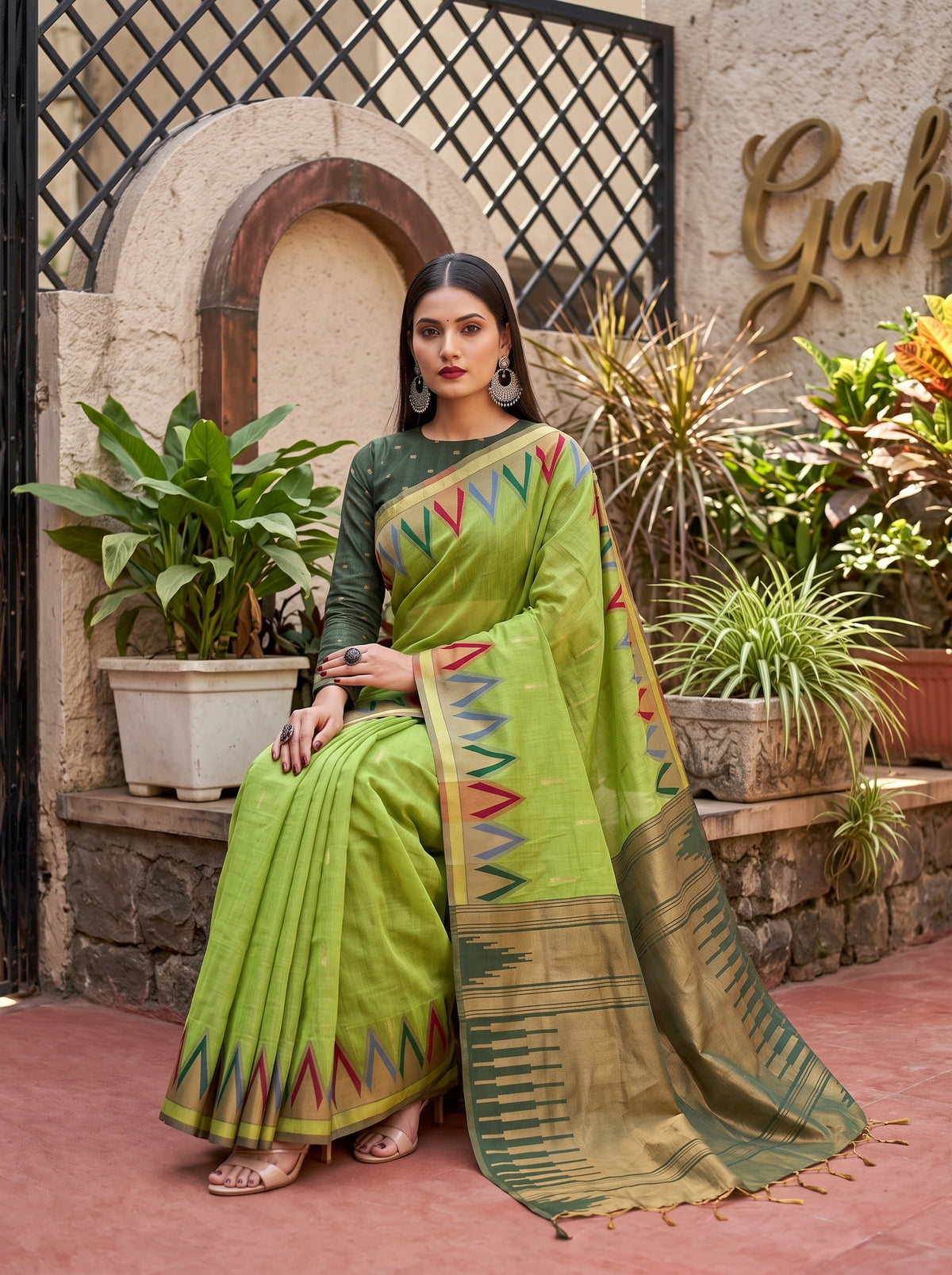 MIMOSA Pista Banarasi Saree — pose 8 styling detail