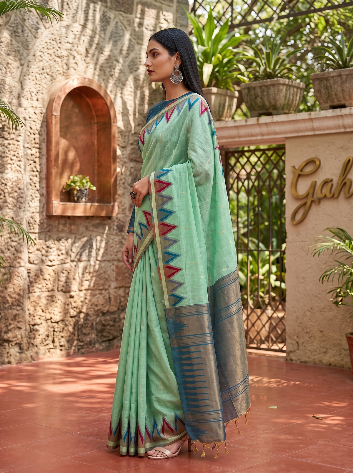 MIMOSA Rama Banarasi Saree — pose 3 styling detail