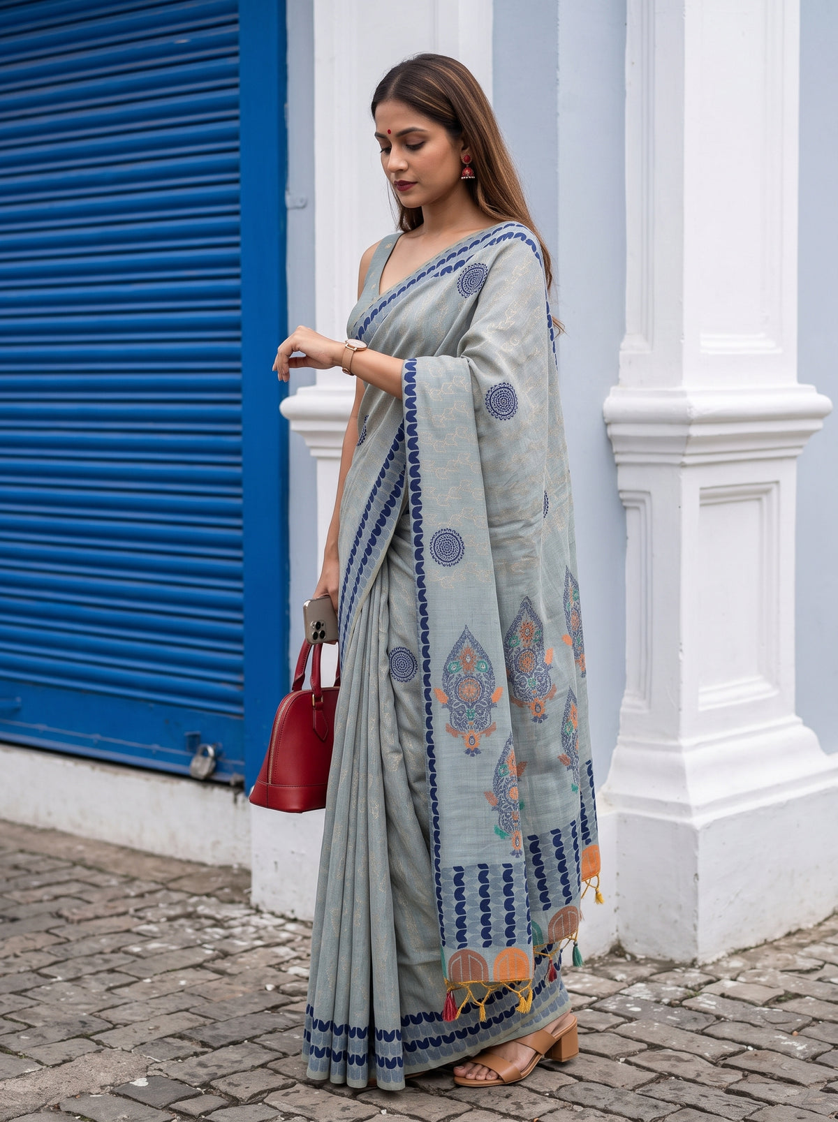 MIMOSA Blue Banarasi Cotton Saree — pose 3 styling detail