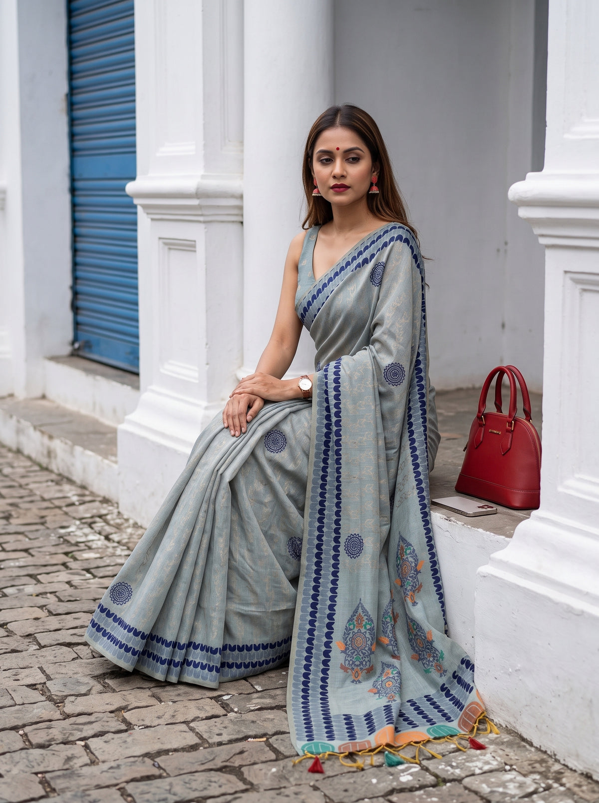MIMOSA Blue Banarasi Cotton Saree — pose 8 styling detail