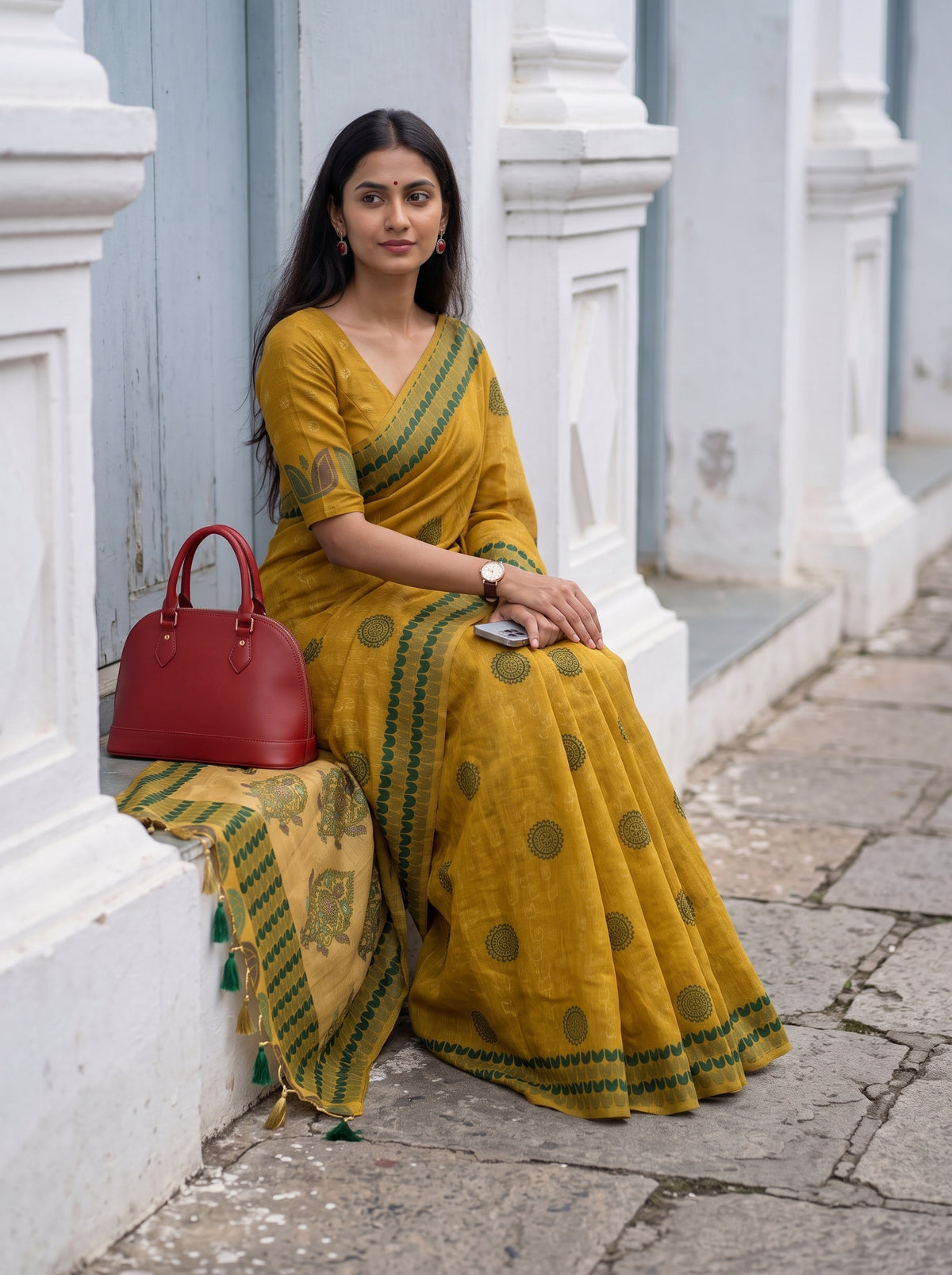 MIMOSA Mustard Banarasi Cotton Saree — pose 8 styling detail