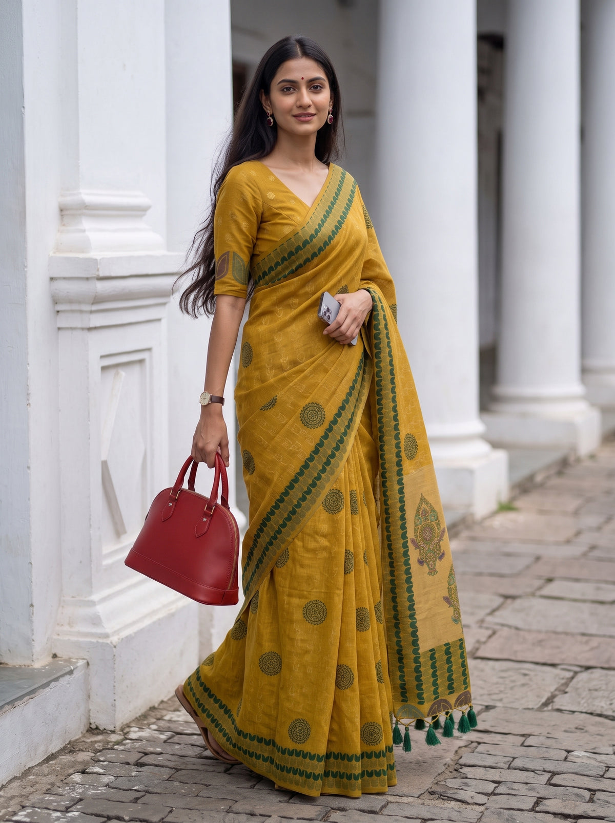MIMOSA Mustard Banarasi Cotton Saree — pose 9 styling detail