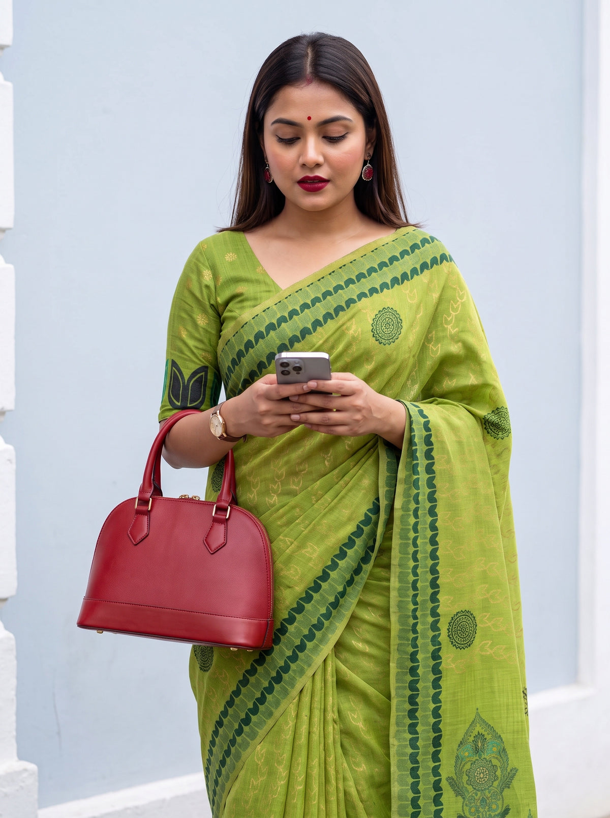 MIMOSA Parrot Green Banarasi Cotton Saree — pose 10 styling detail