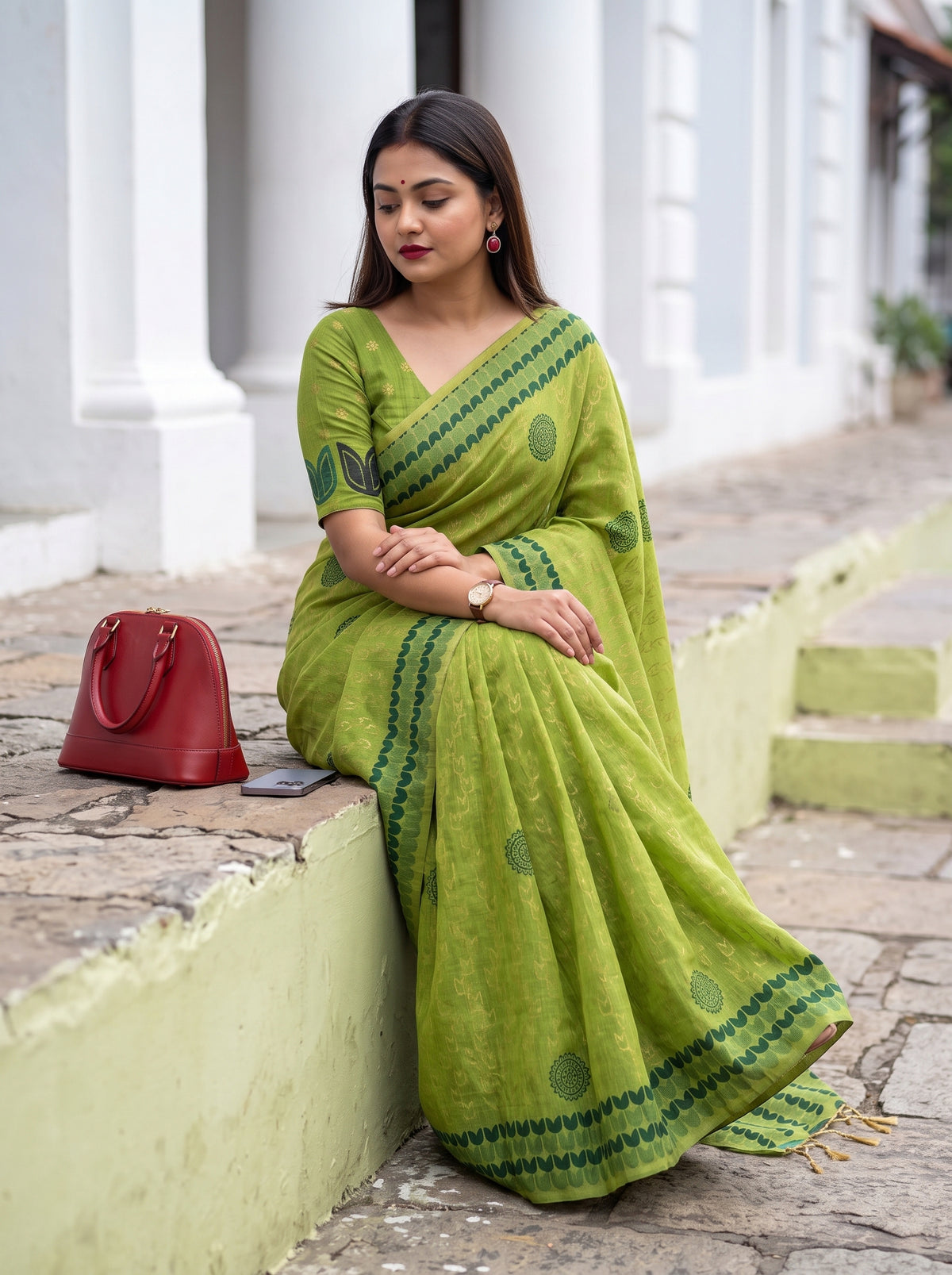 MIMOSA Parrot Green Banarasi Cotton Saree — pose 8 styling detail