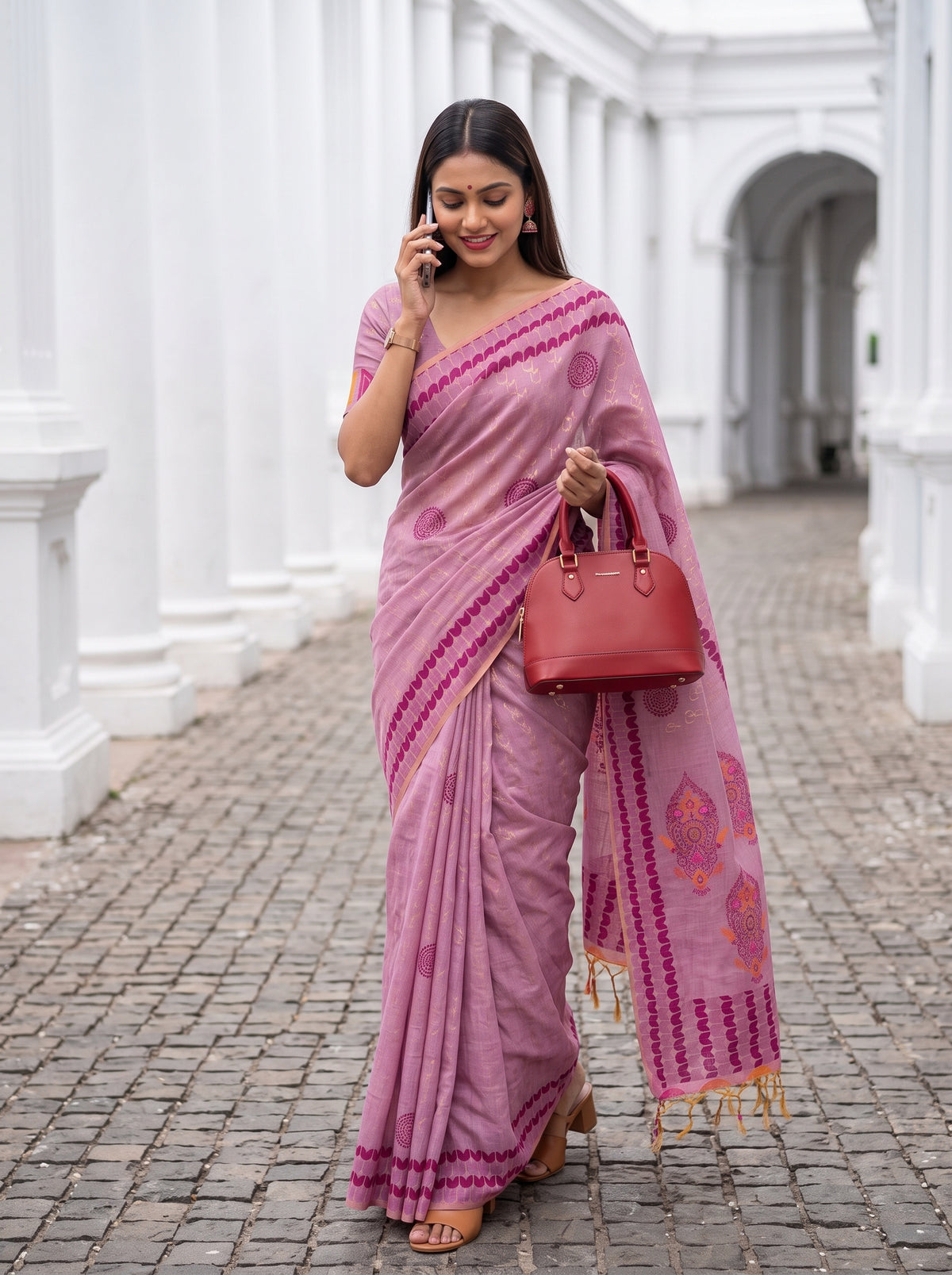 MIMOSA Pink Banarasi Cotton Saree — pose 5 styling detail
