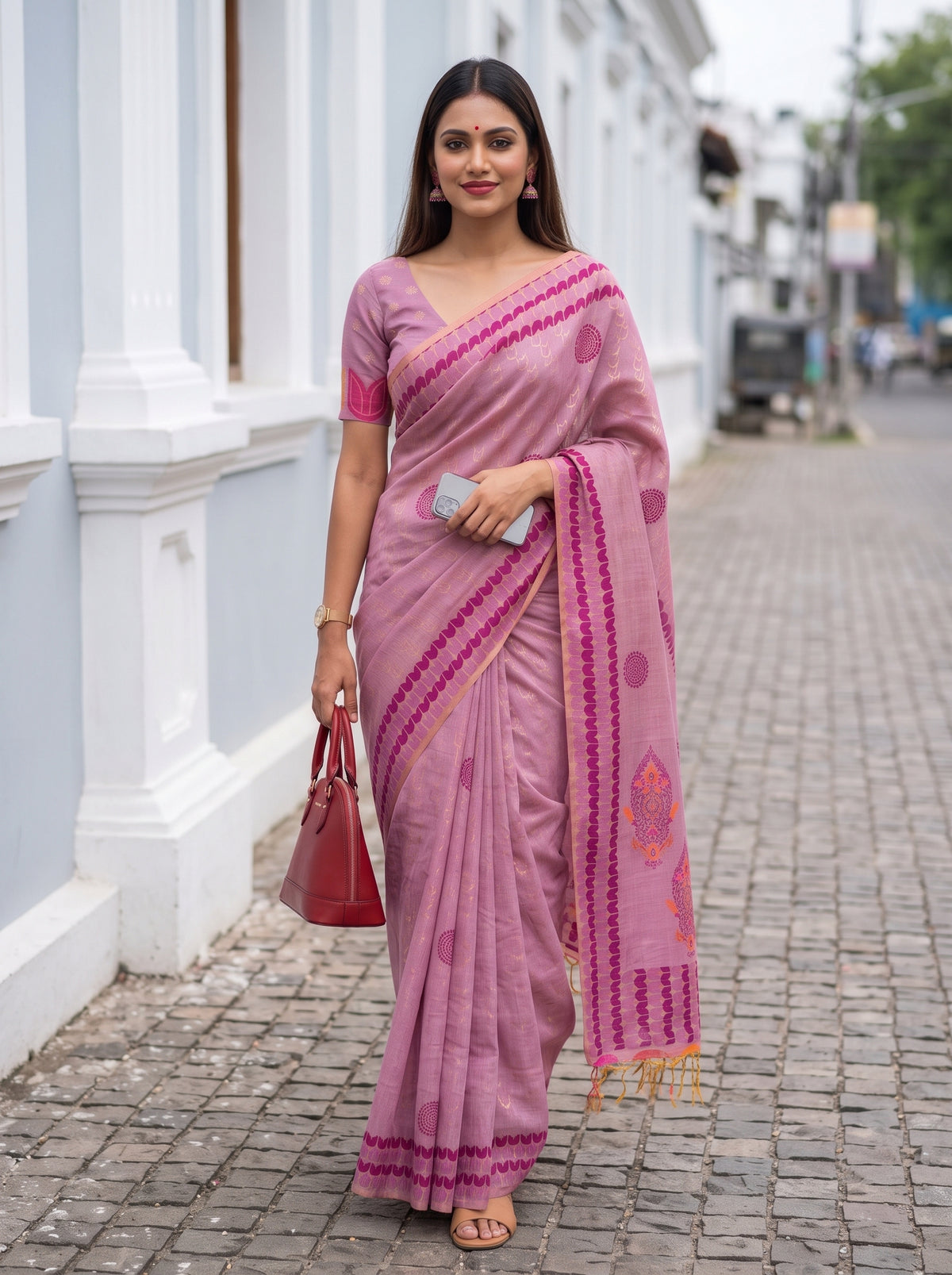 MIMOSA Pink Banarasi Cotton Saree — pose 6 styling detail