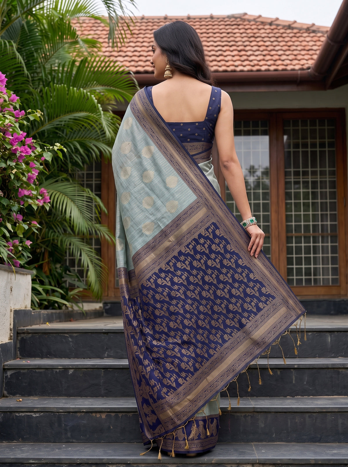MIMOSA Grey Banarasi Saree — pose 2 styling detail