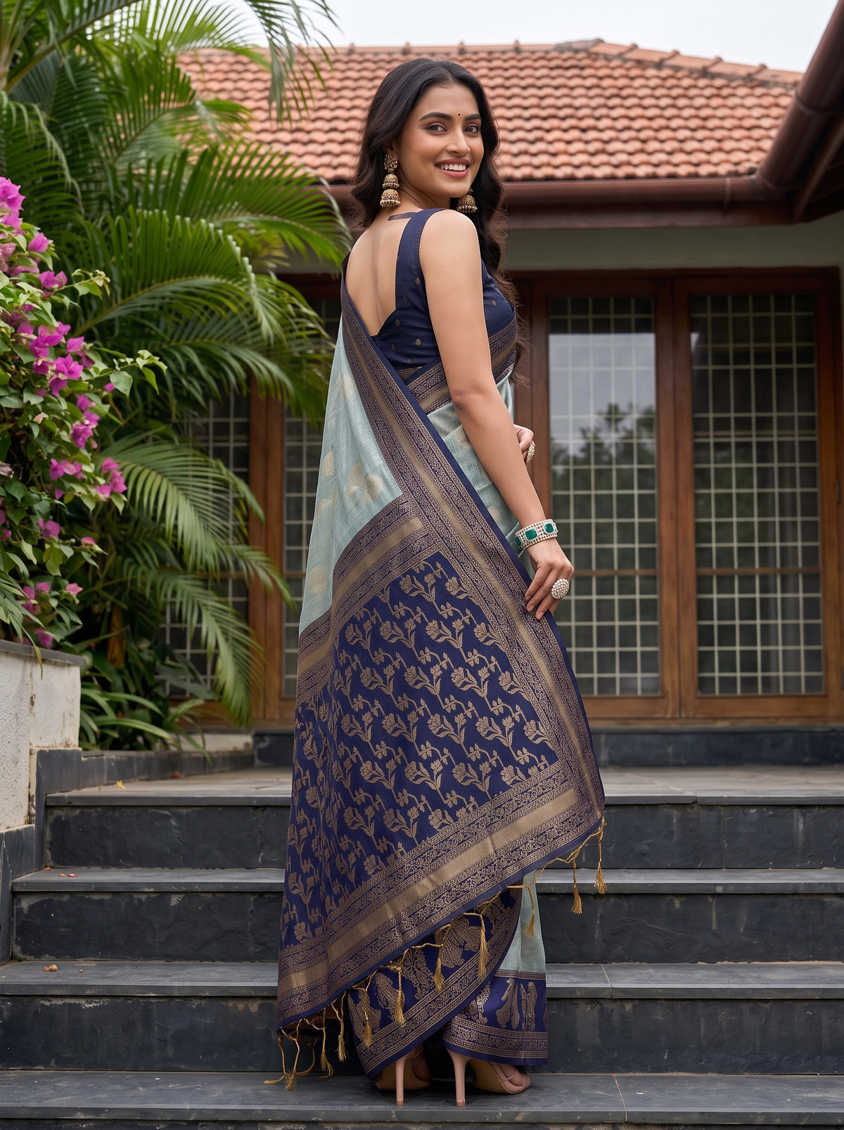 MIMOSA Grey Banarasi Saree — pose 7 styling detail