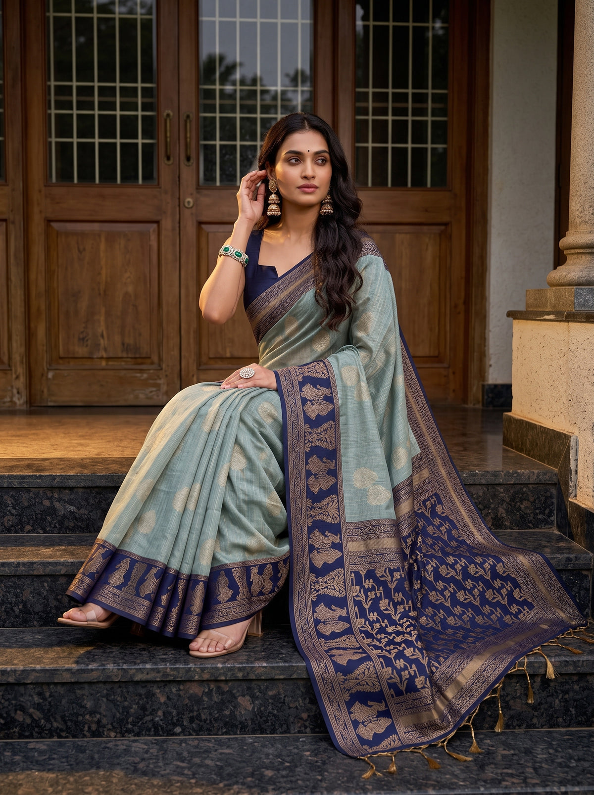MIMOSA Grey Banarasi Saree — pose 8 styling detail