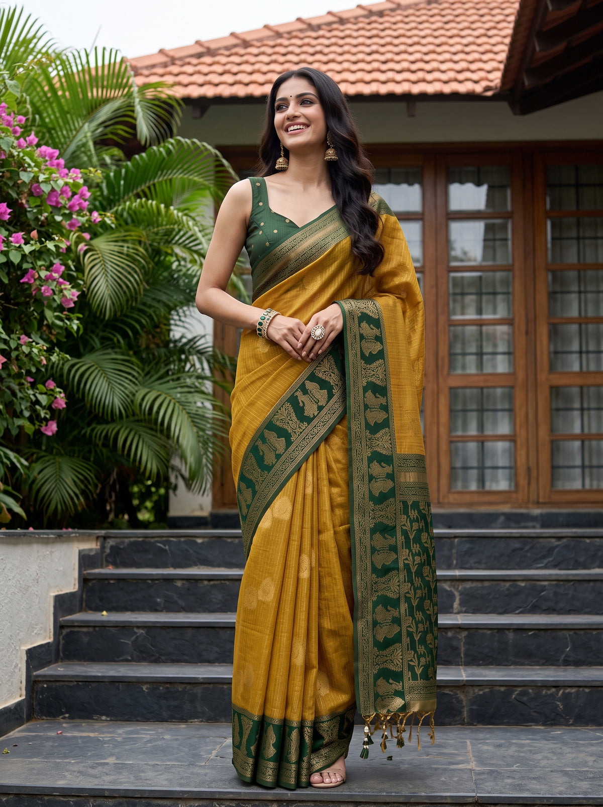 MIMOSA Mustard Banarasi Saree — front view on mannequin