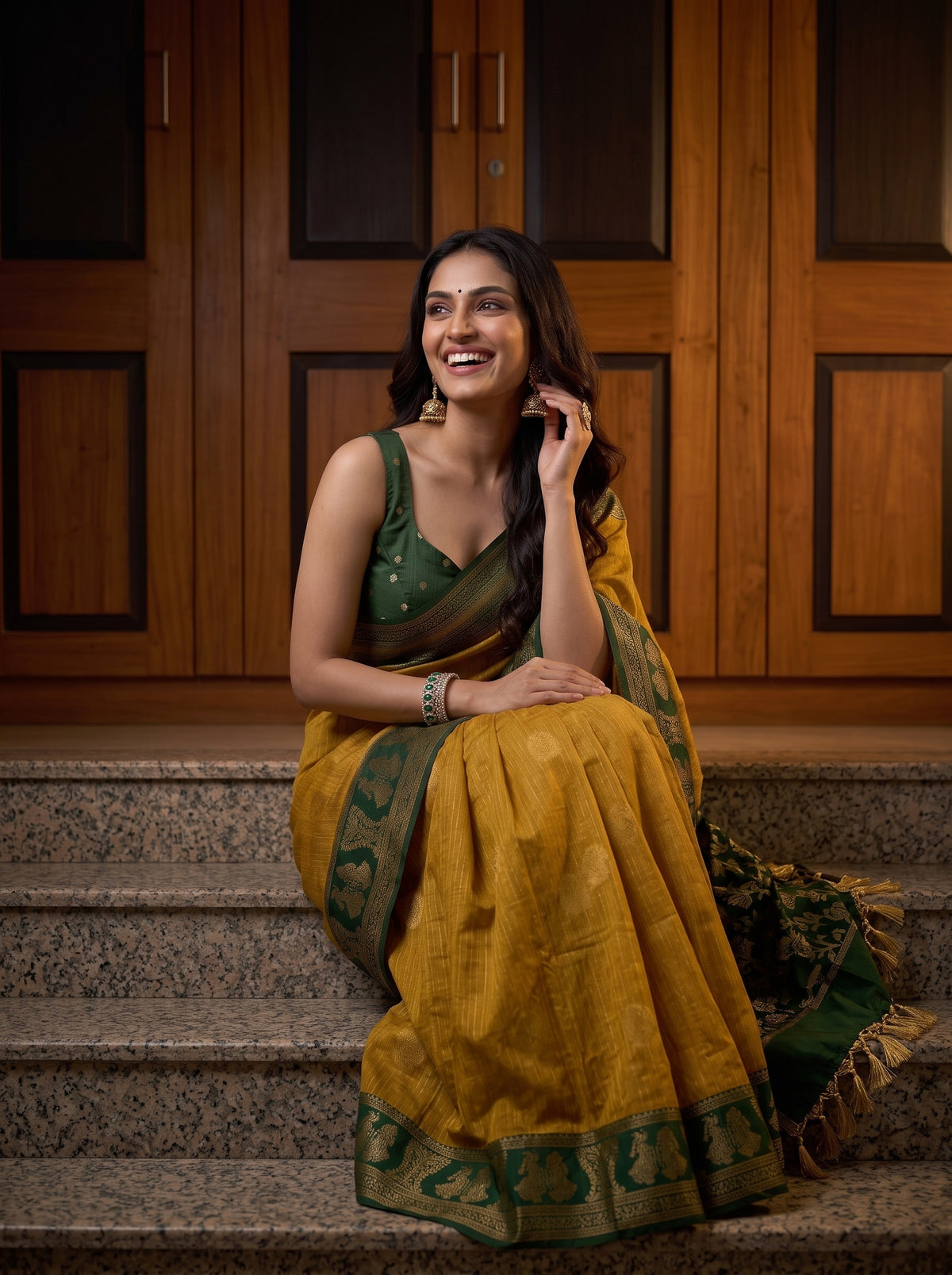 MIMOSA Mustard Banarasi Saree — pose 10 styling detail