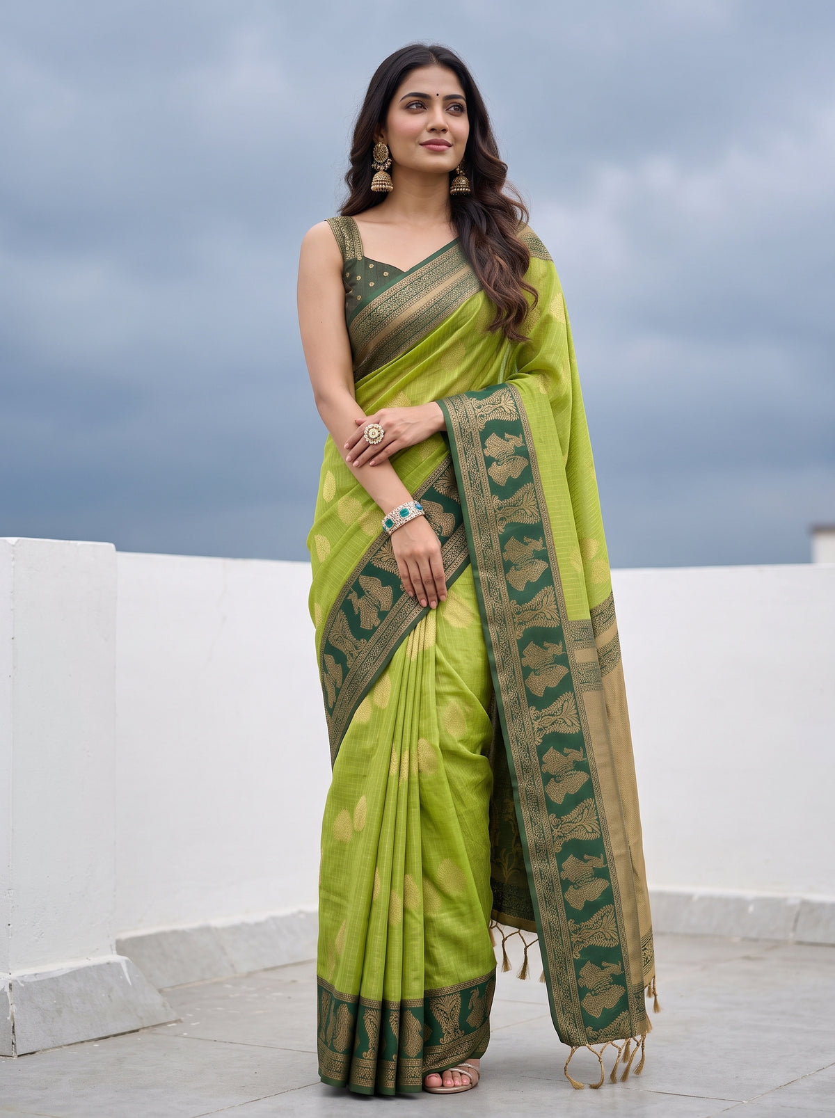 MIMOSA Parrot Green Banarasi Saree — pose 5 styling detail