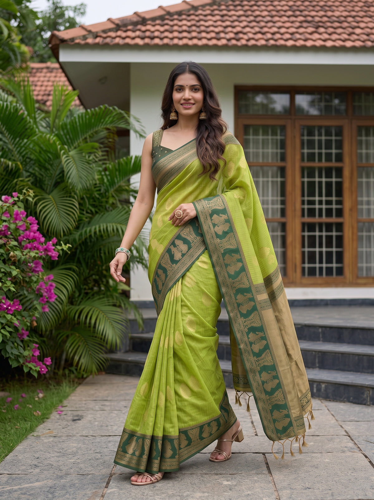 MIMOSA Parrot Green Banarasi Saree — pose 6 styling detail