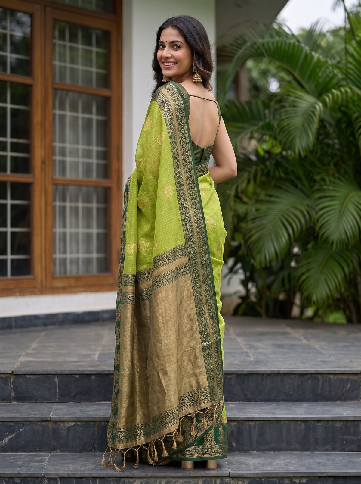 MIMOSA Parrot Green Banarasi Saree — pose 7 styling detail