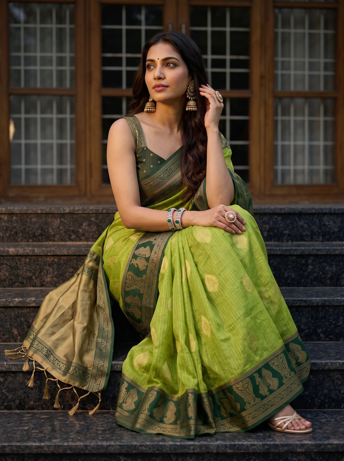MIMOSA Parrot Green Banarasi Saree — pose 8 styling detail