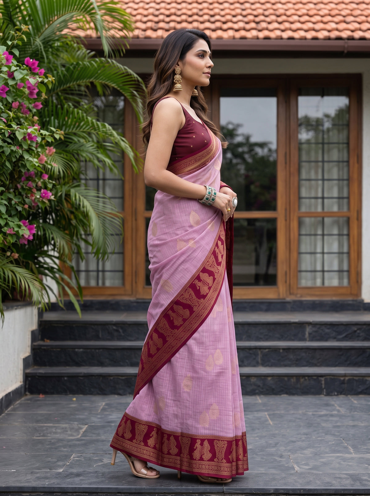 MIMOSA Pink Banarasi Saree — pose 3 styling detail