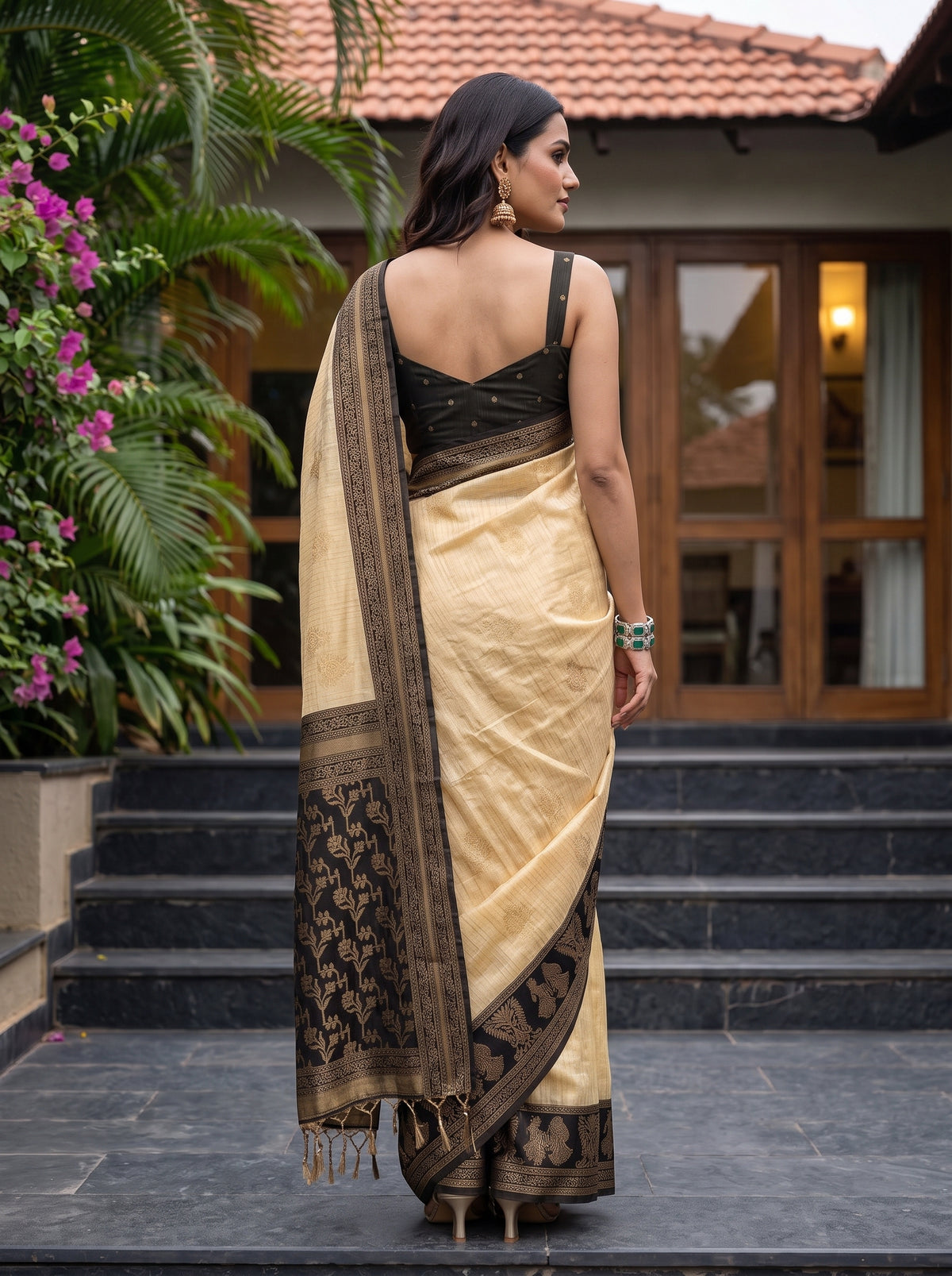 MIMOSA Tussar Banarasi Saree — pose 2 styling detail
