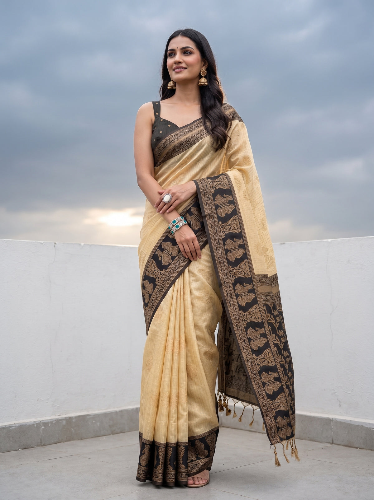 MIMOSA Tussar Banarasi Saree — pose 5 styling detail