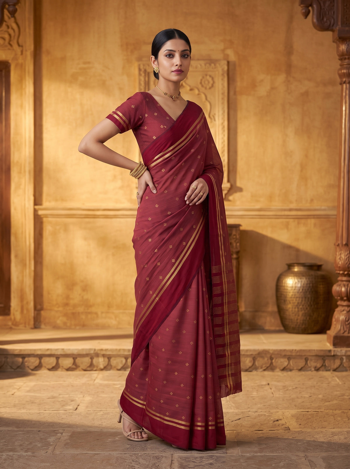 MIMOSA Maroon Bhagalpuri Tussar silk Tussar Silk Saree — pose 4 styling detail