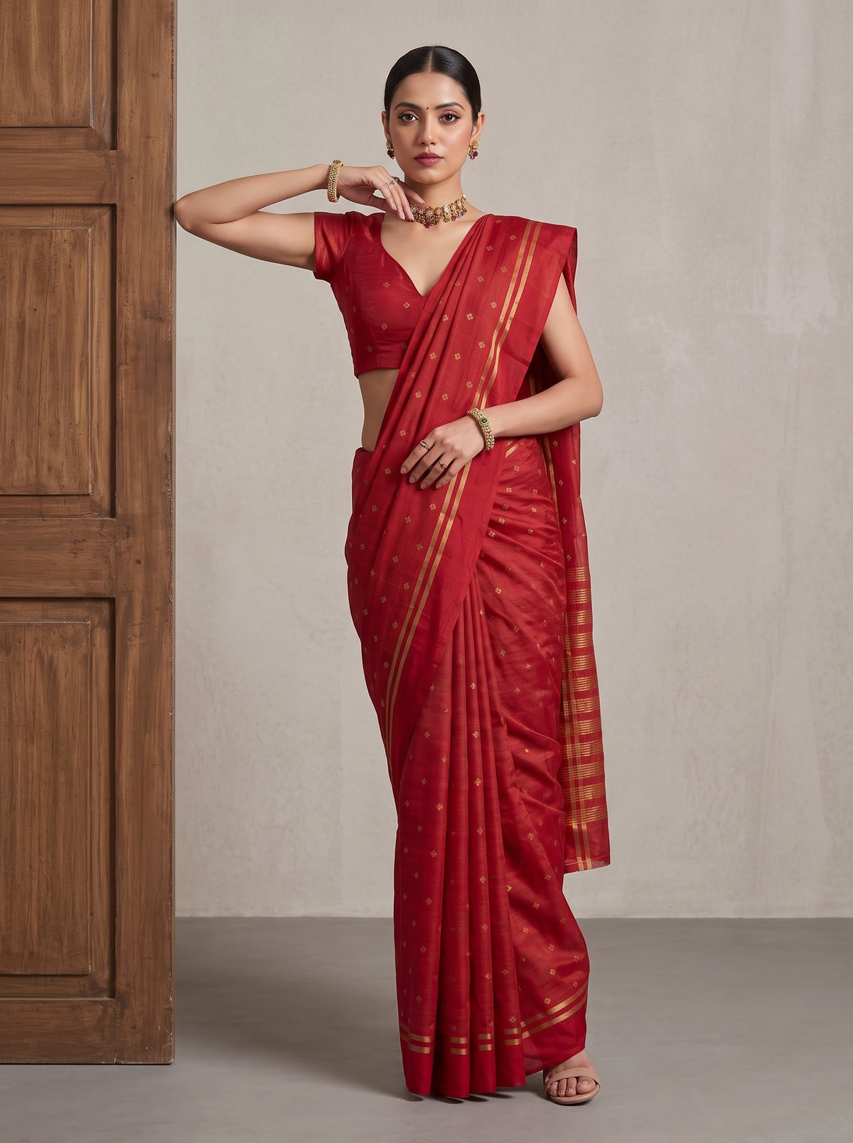 MIMOSA Red Bhagalpuri Tussar silk Tussar Silk Saree — pose 5 styling detail