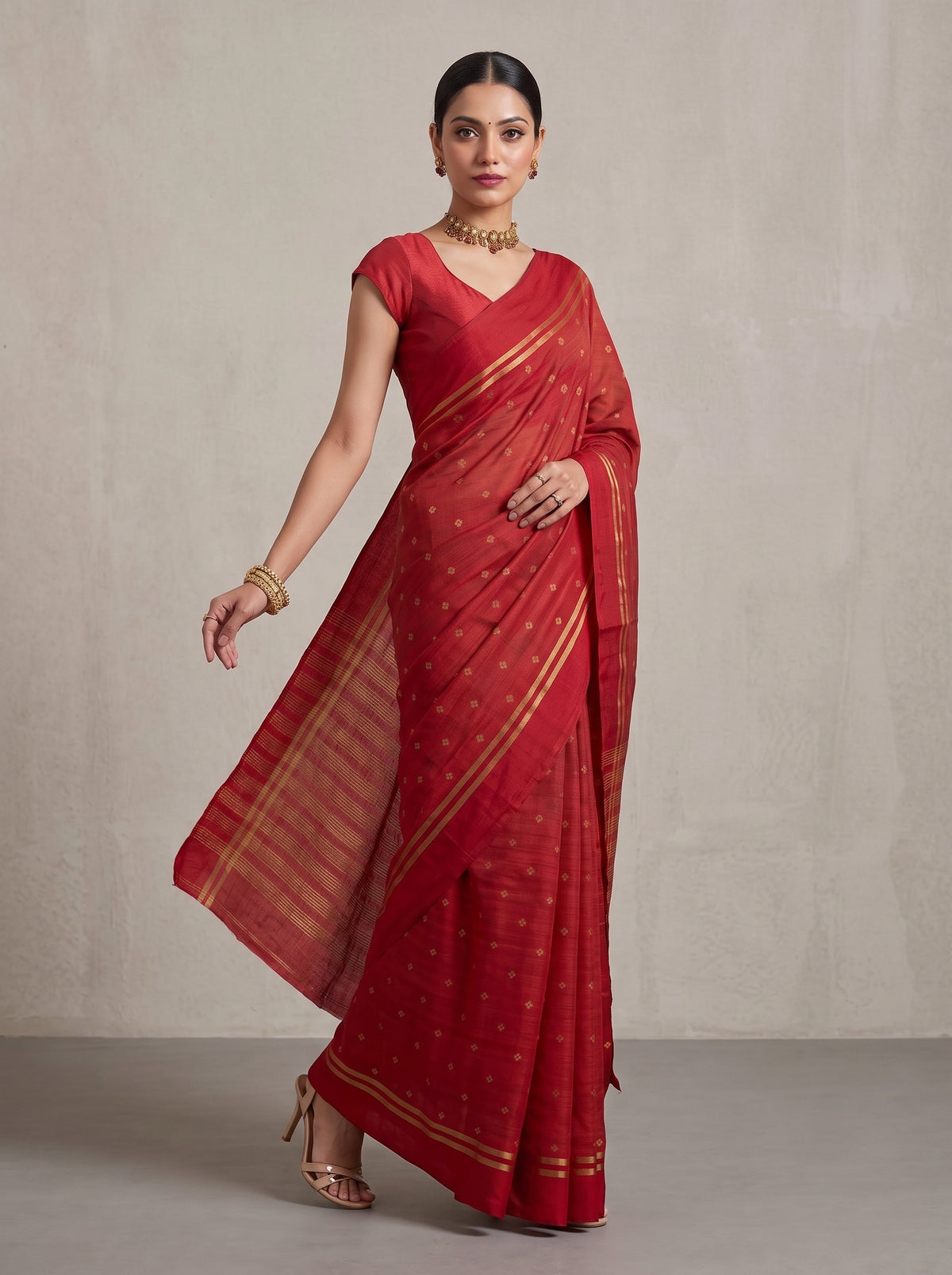 MIMOSA Red Bhagalpuri Tussar silk Tussar Silk Saree — pose 9 styling detail