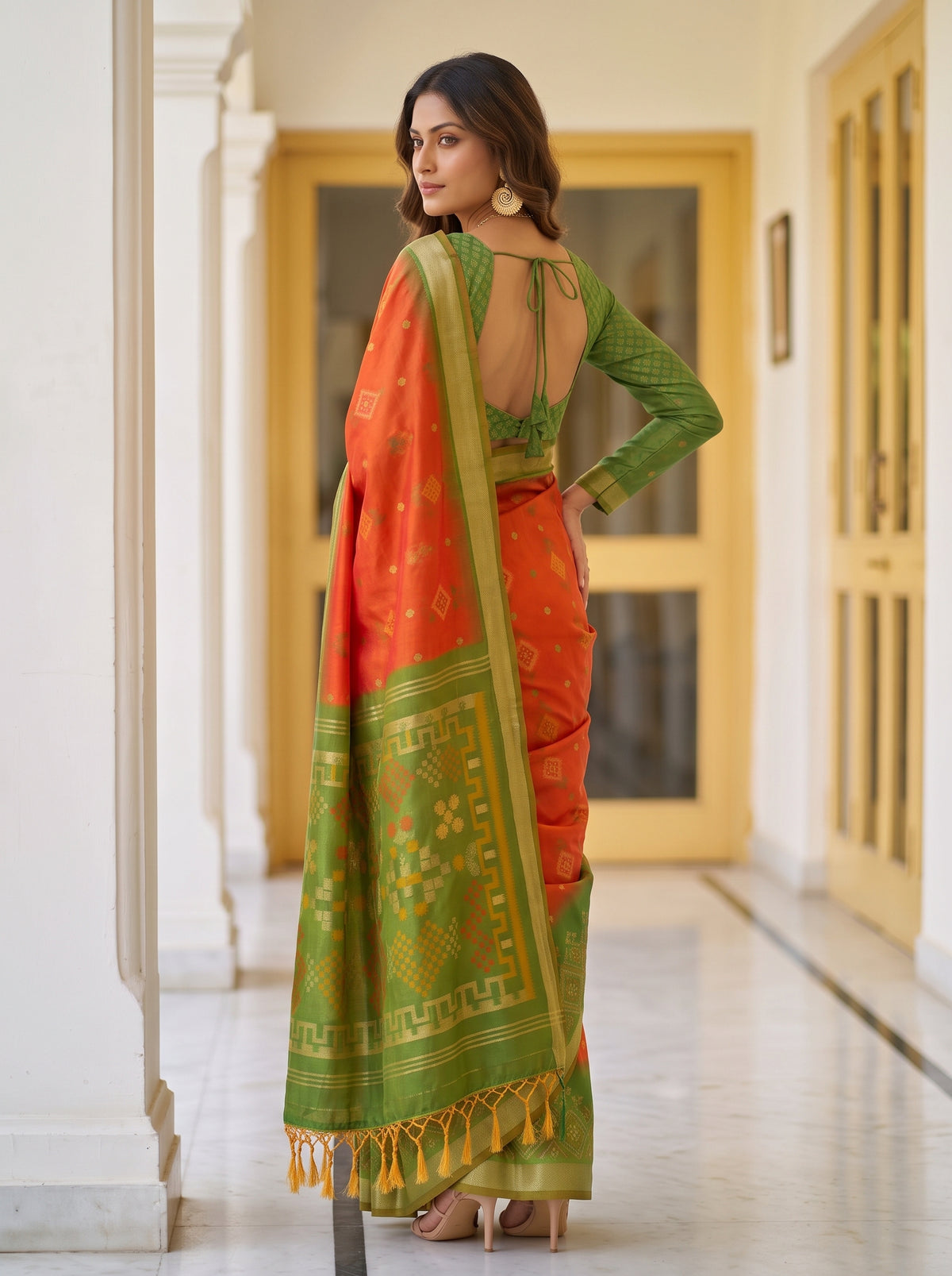 MIMOSA Orange Pochampally Saree — pose 7 styling detail