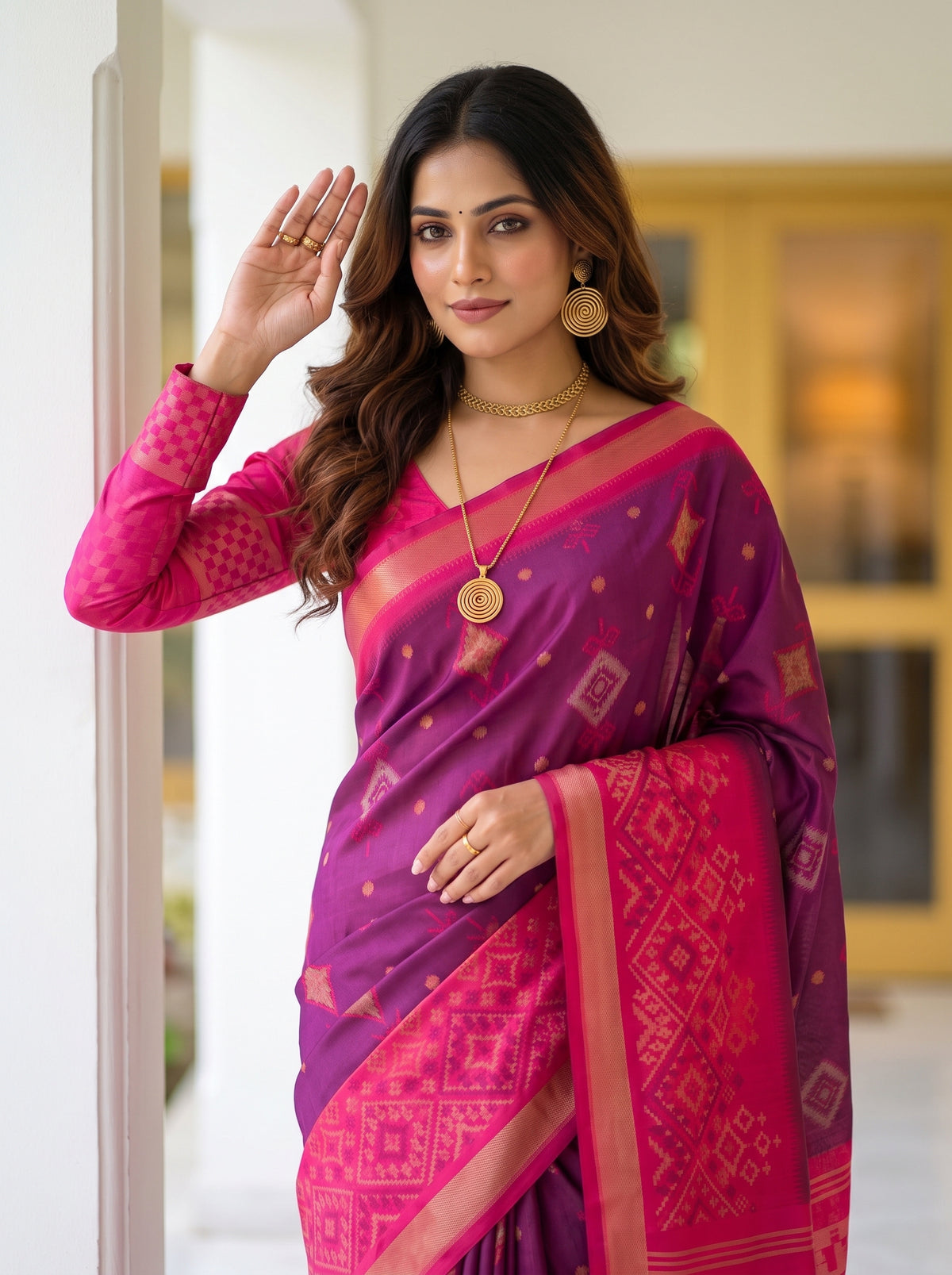 MIMOSA Wine Pochampally Saree — pose 10 styling detail