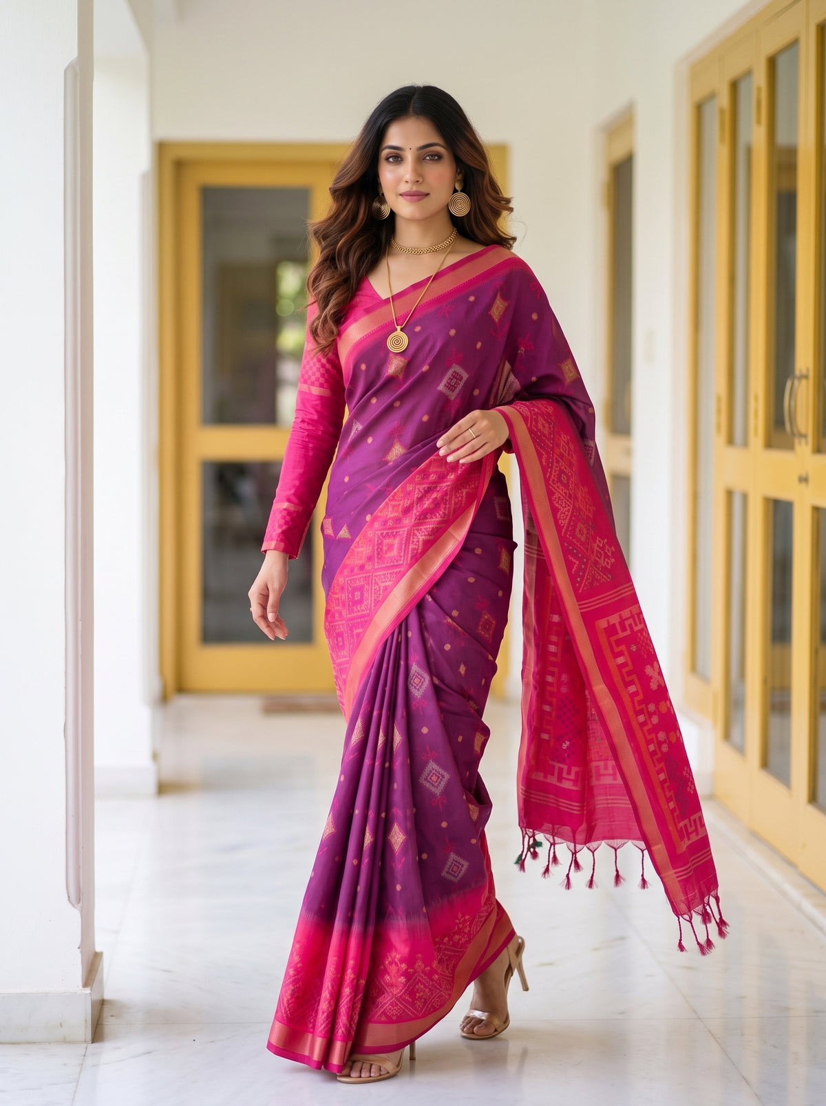 MIMOSA Wine Pochampally Saree — pose 6 styling detail