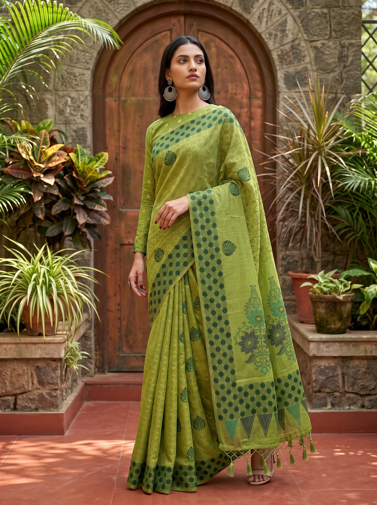 MIMOSA Olive Banarasi Cotton Saree — pose 5 styling detail