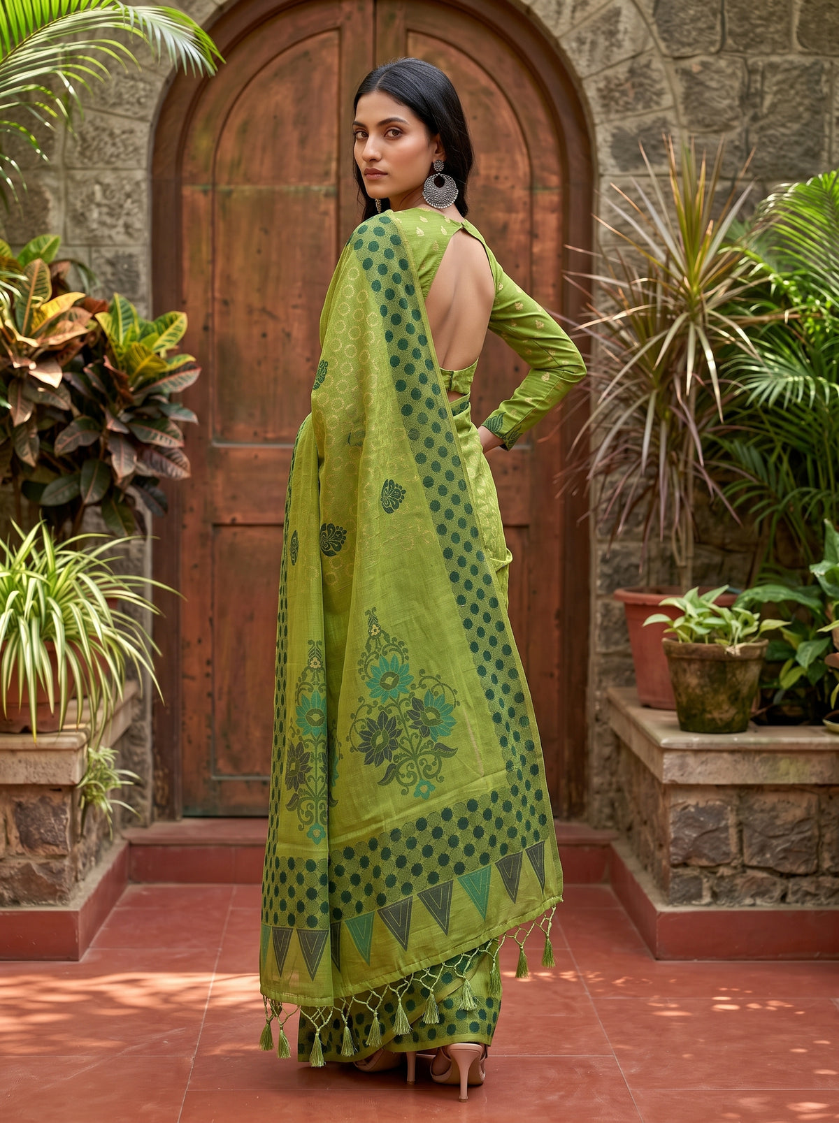 MIMOSA Olive Banarasi Cotton Saree — pose 7 styling detail
