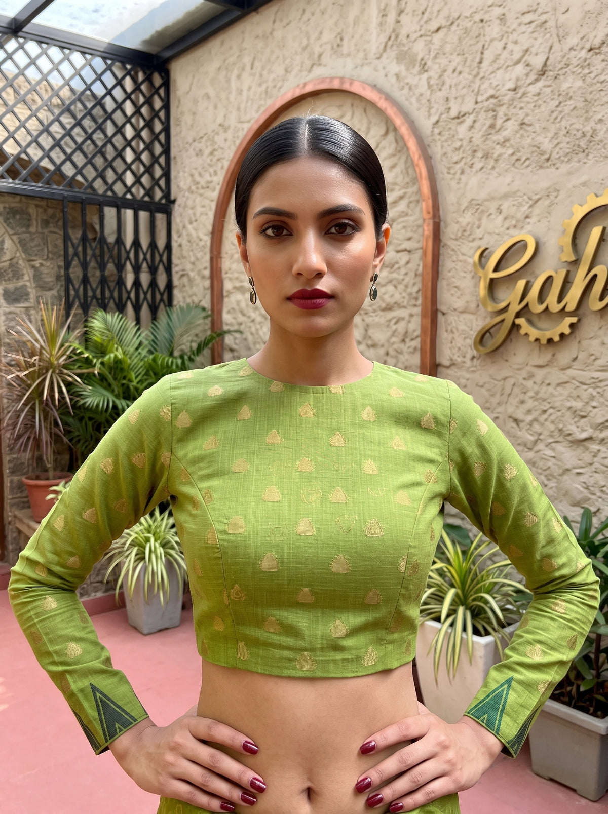 MIMOSA Olive Banarasi Cotton Saree — blouse close-up