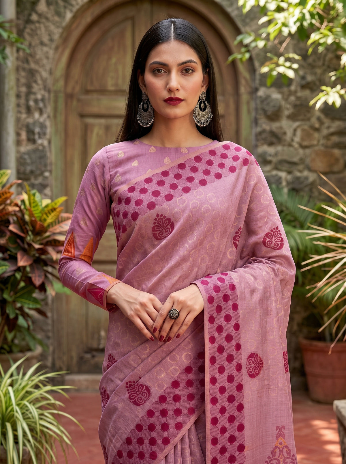 MIMOSA Pink Banarasi Cotton Saree — pose 10 styling detail