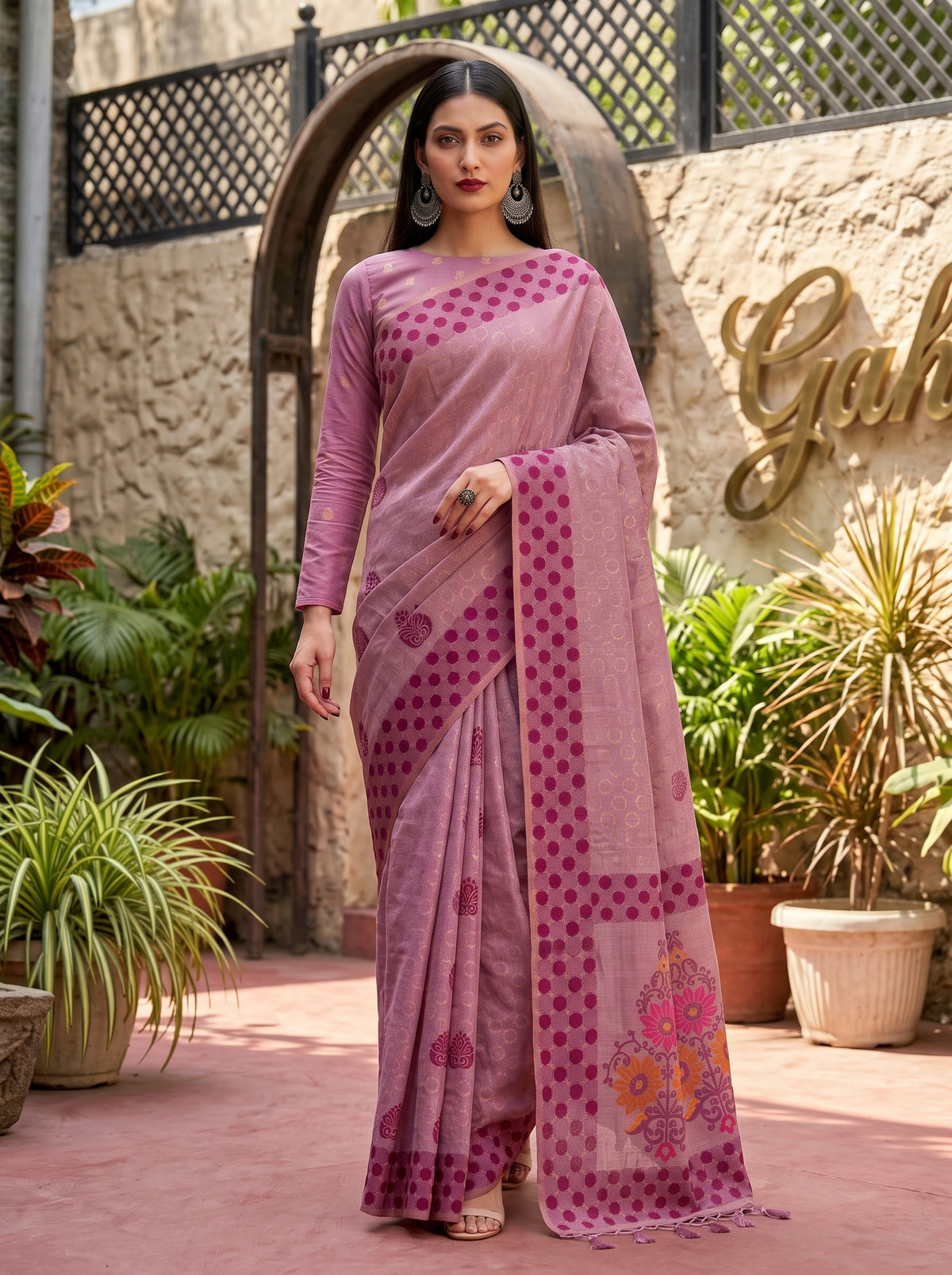 MIMOSA Pink Banarasi Cotton Saree — pose 6 styling detail