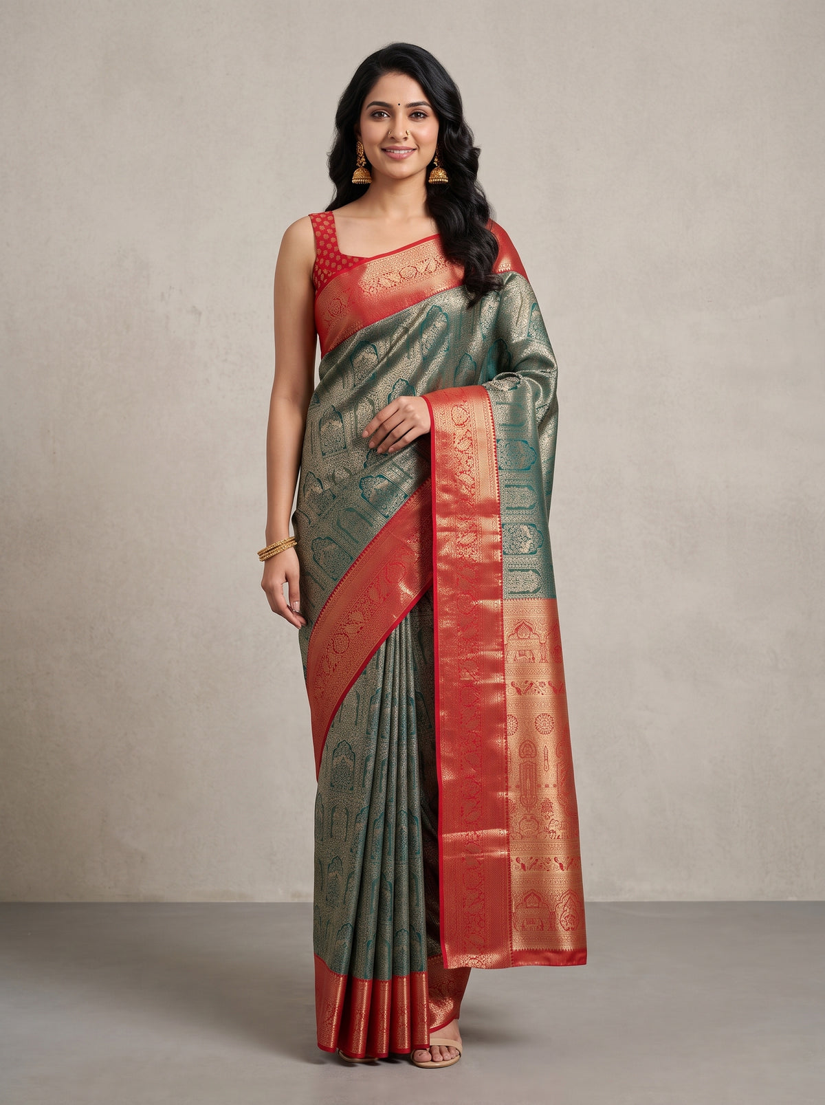 MIMOSA Bottle Green Kanjivaram Art Silk Saree — AI Model lifestyle pose