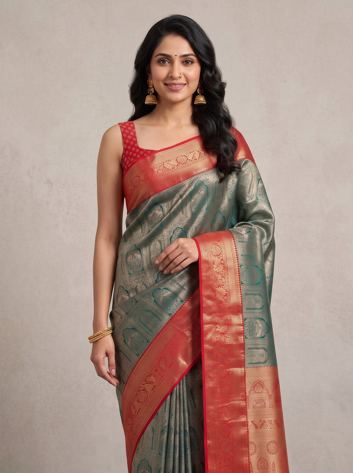 MIMOSA Bottle Green Kanjivaram Saree — pose 10 styling detail