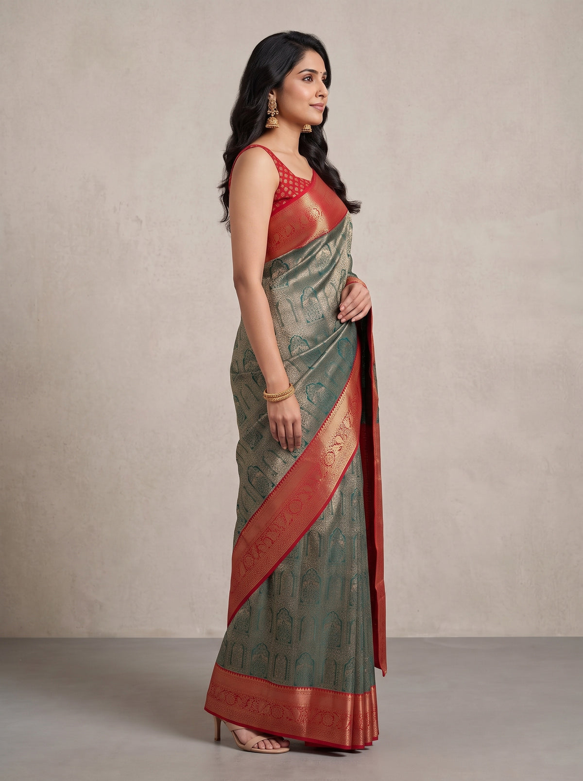 MIMOSA Bottle Green Kanjivaram Saree — pose 3 styling detail