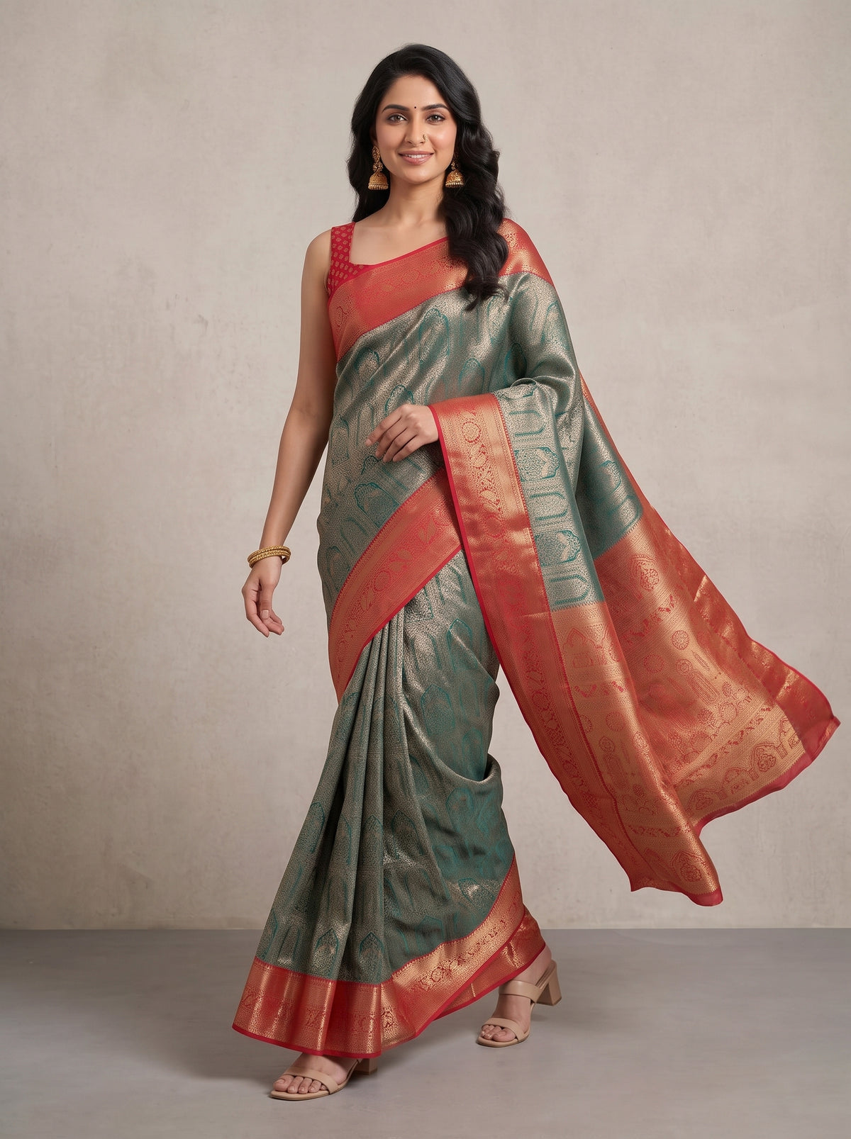 MIMOSA Bottle Green Kanjivaram Saree — pose 6 styling detail
