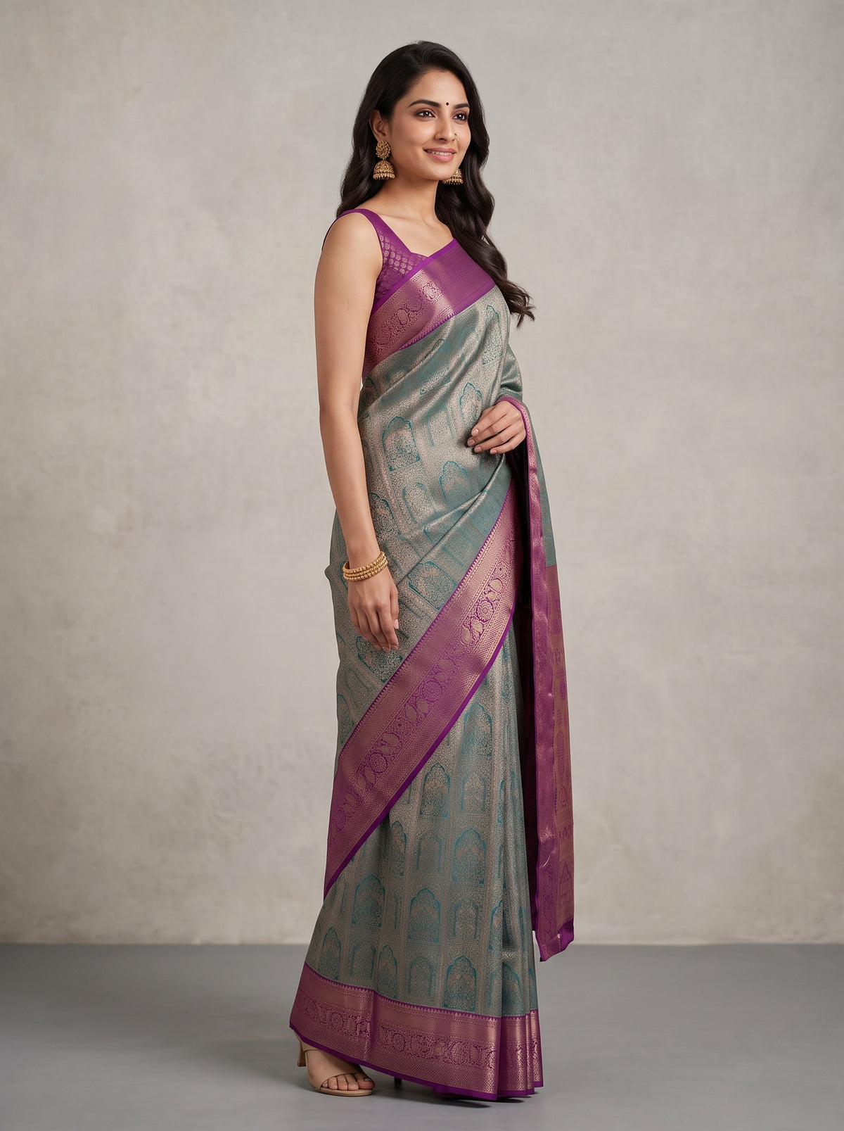 MIMOSA Sapphire Kanjivaram Saree — pose 3 styling detail