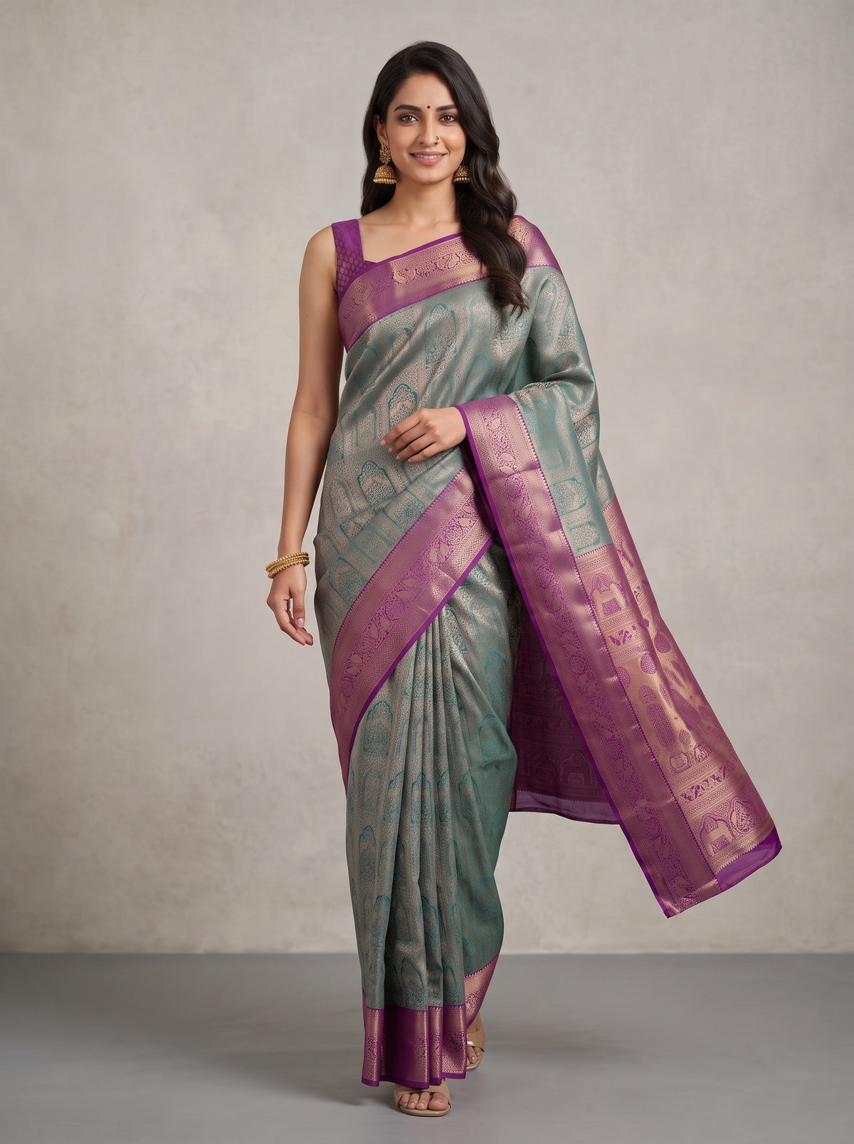 MIMOSA Sapphire Kanjivaram Saree — pose 6 styling detail